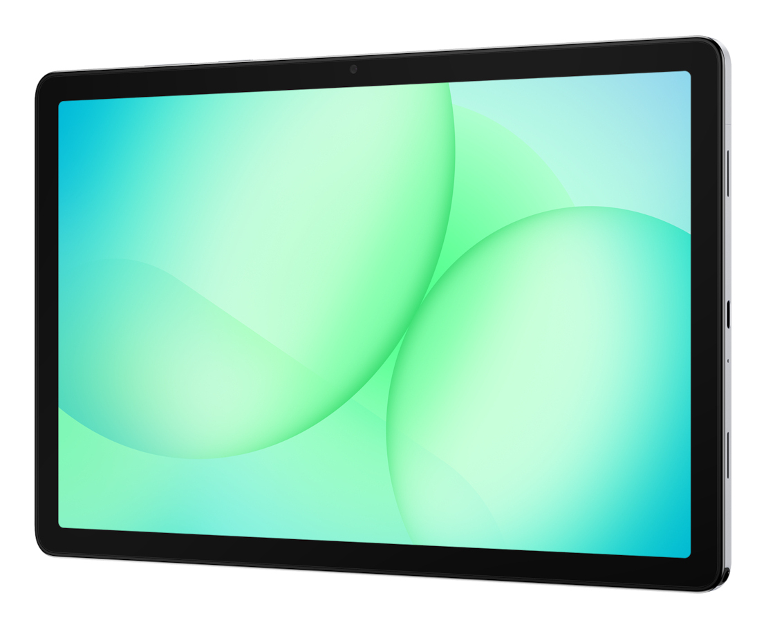 Tablet w czarnej ramce wyświetla niebieski ekran z jasnozielonymi kształtami.