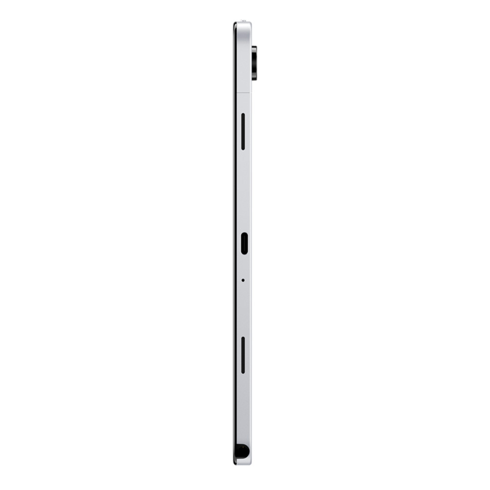 Widok z boku smukłego białego tabletu z przyciskami, portem USB-C i aparatem na białym tle.