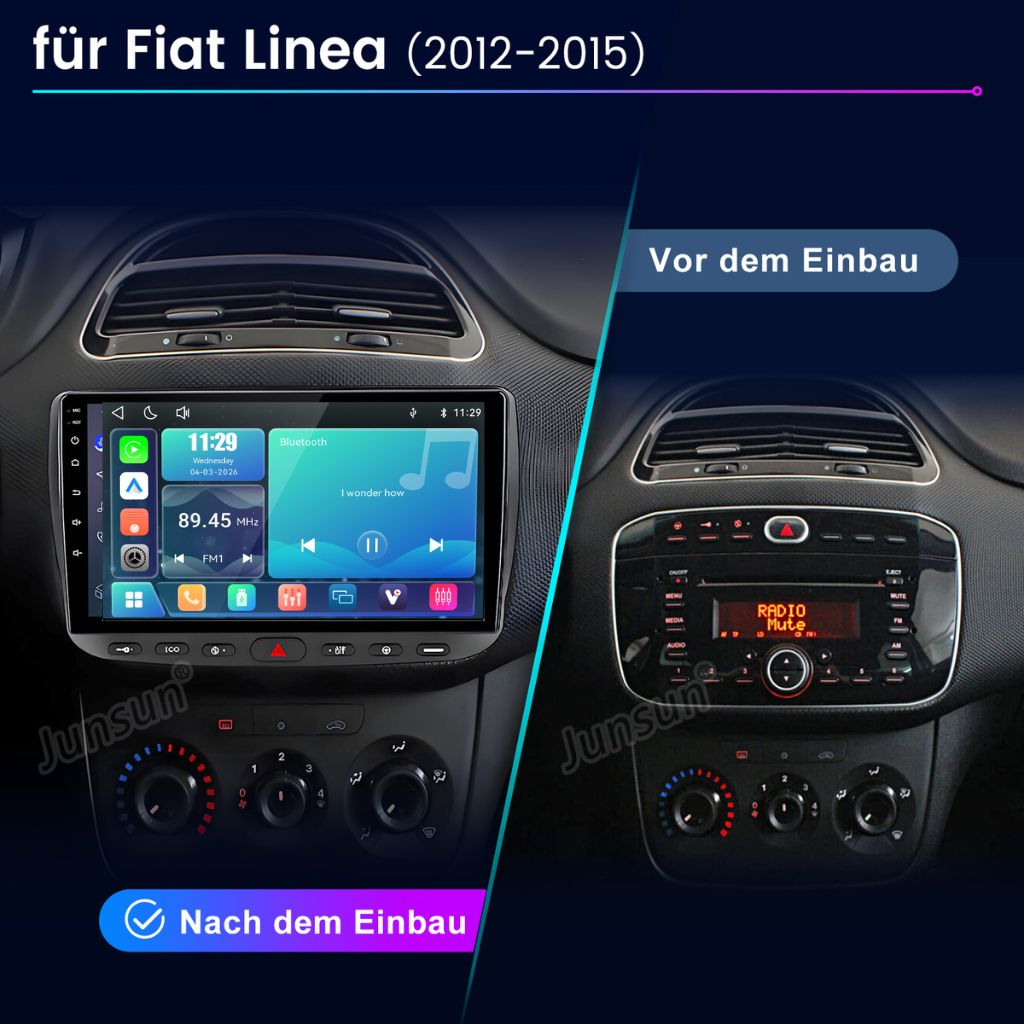 Vergleich der Fiat Linea Mittelkonsole vor und nach dem Einbau eines Touchscreen-Autoradios.