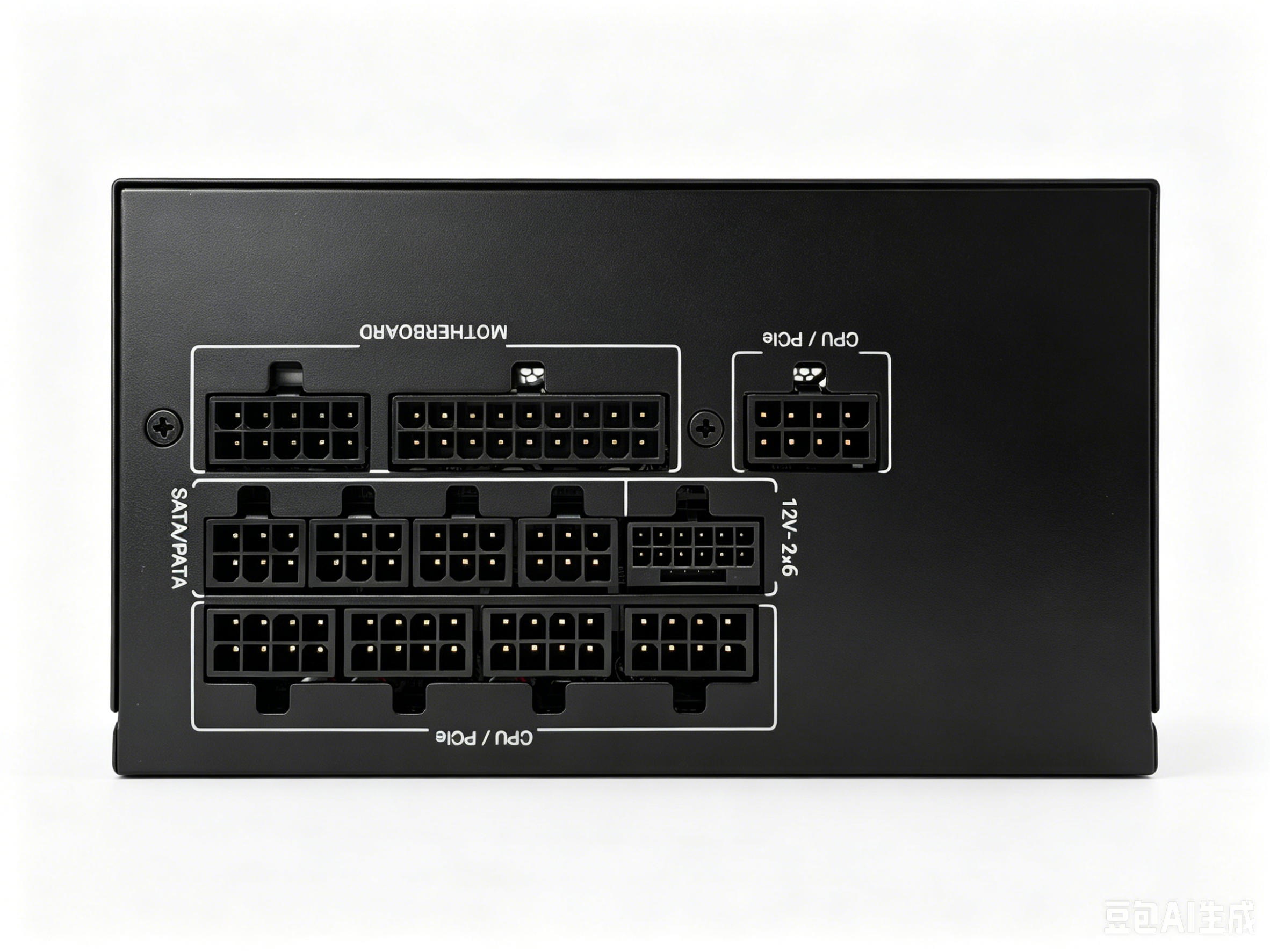 Pannello posteriore di un alimentatore per computer nero con connettori modulari etichettati.