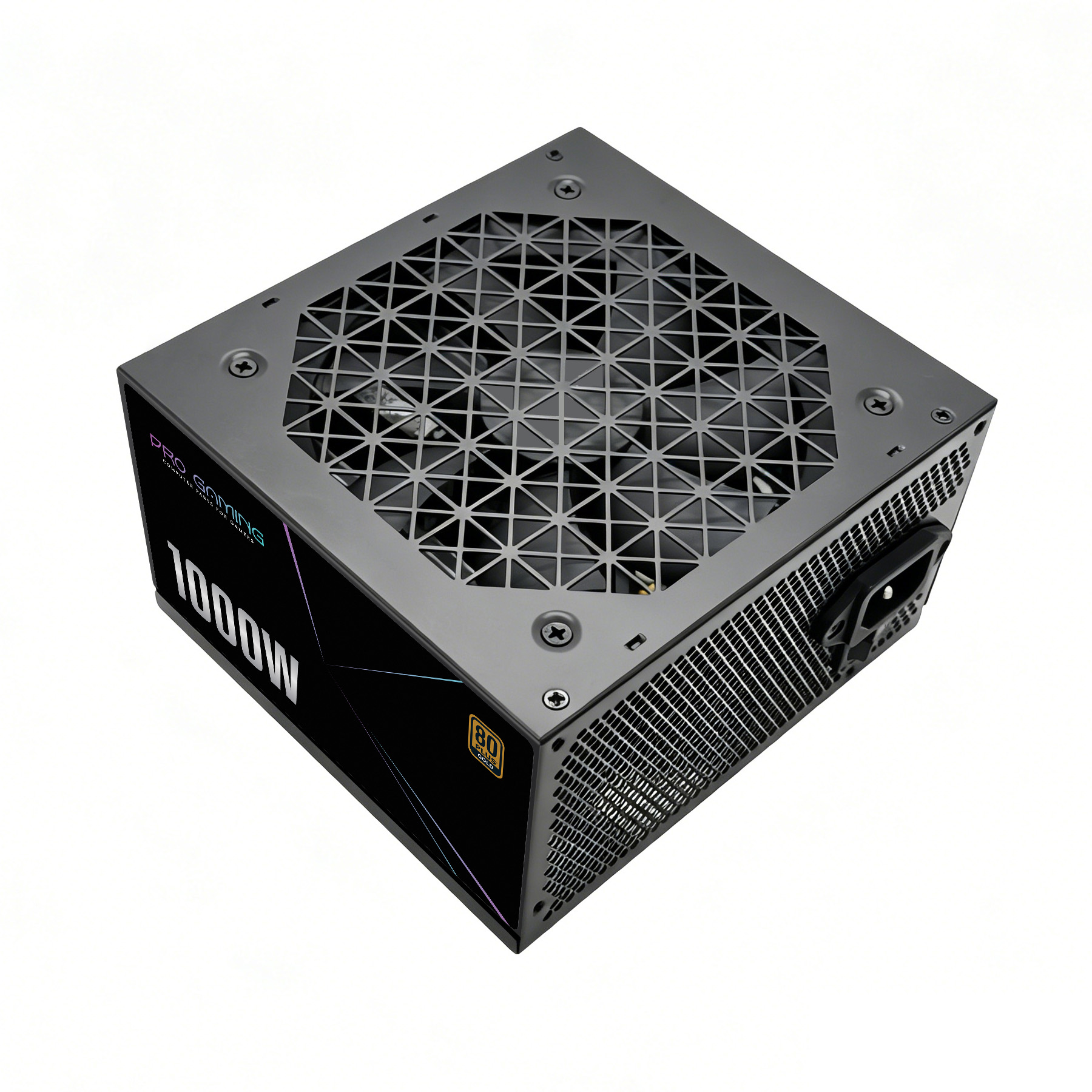 Alimentatore per PC nero da 1000 W con griglia triangolare su sfondo bianco.