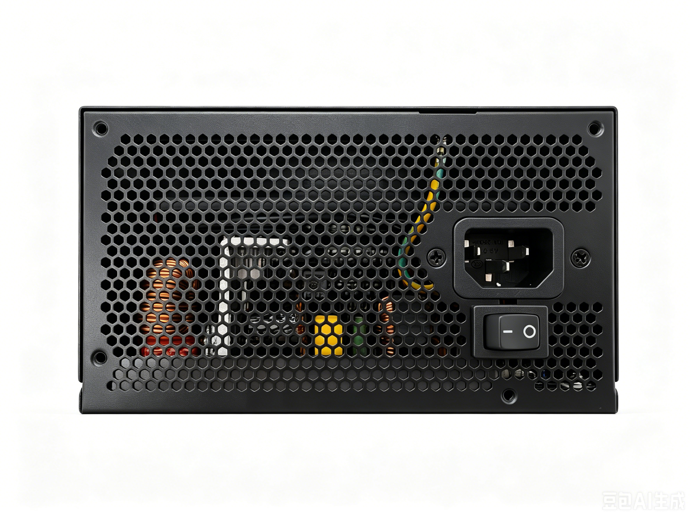 Alimentatore PC nero con griglia a nido d'ape, presa e interruttore.