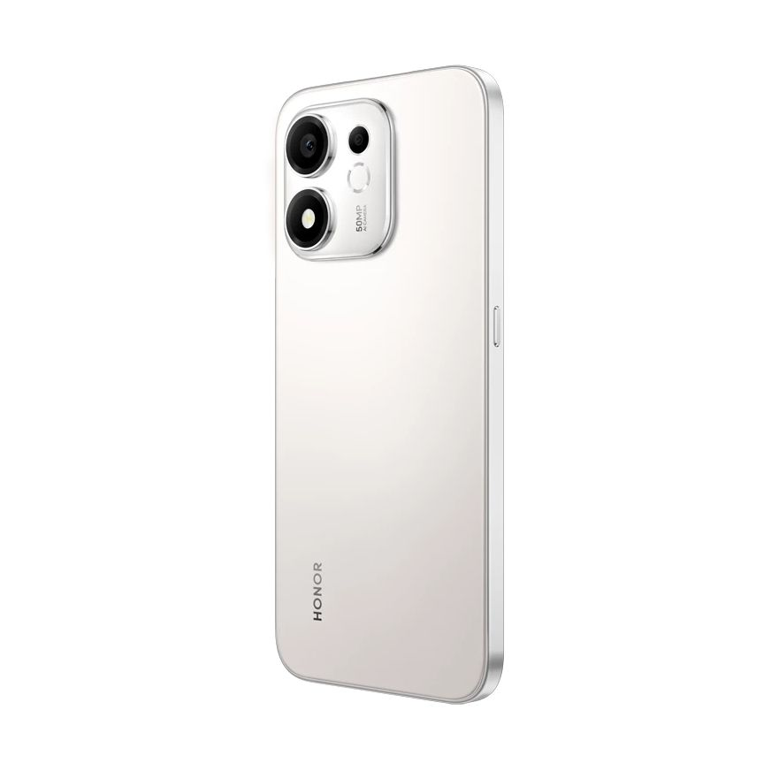 Rückseite eines weißen Honor-Smartphones mit Doppel-Kamera und HONOR-Logo auf hellem Hintergrund.