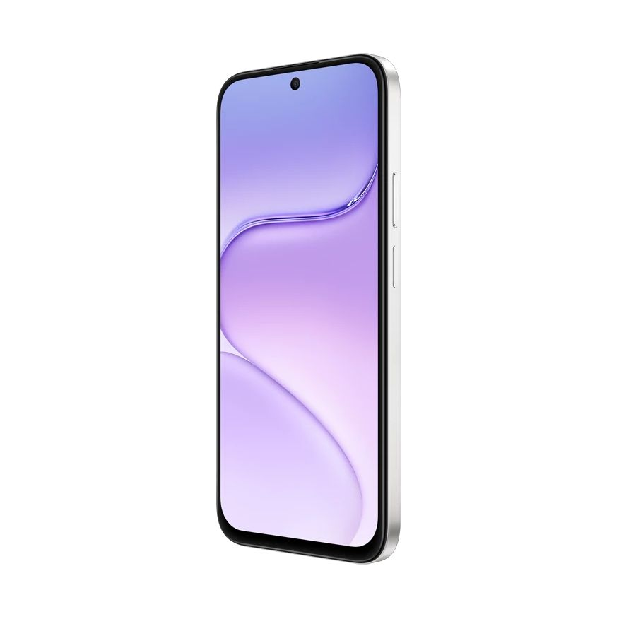 Ein weißes Smartphone mit hellem, violettem Wellen-Hintergrundbild auf dem Display.