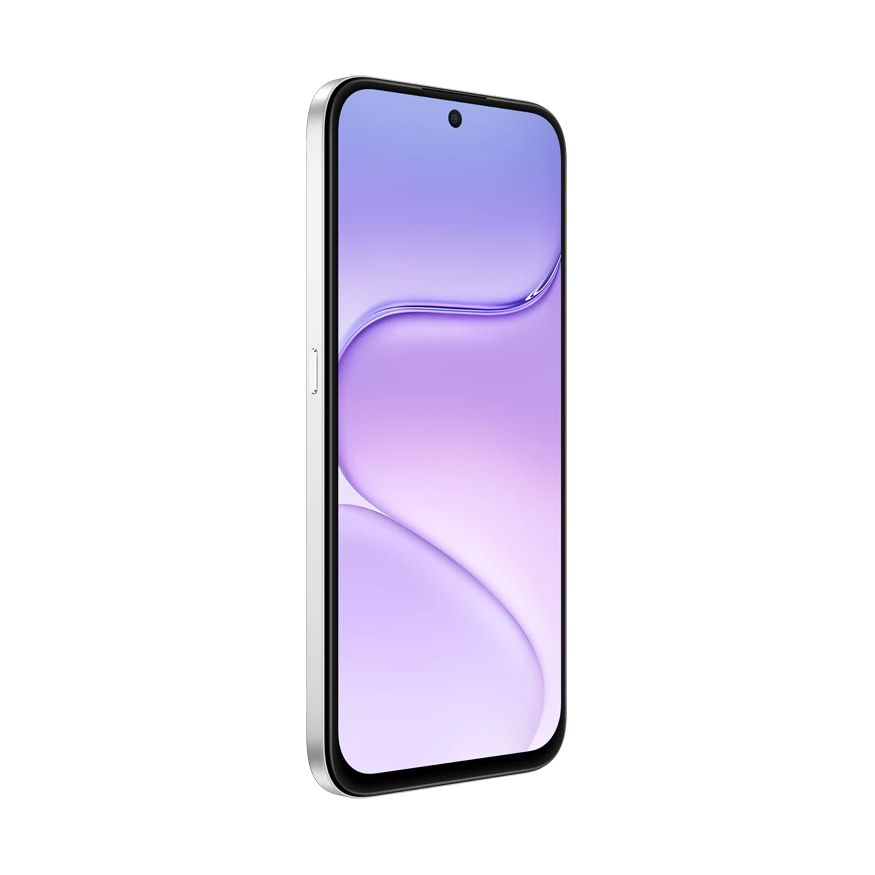 Ein Smartphone mit einem hellvioletten Hintergrund auf dem Bildschirm in einer Ansicht von schräg links.