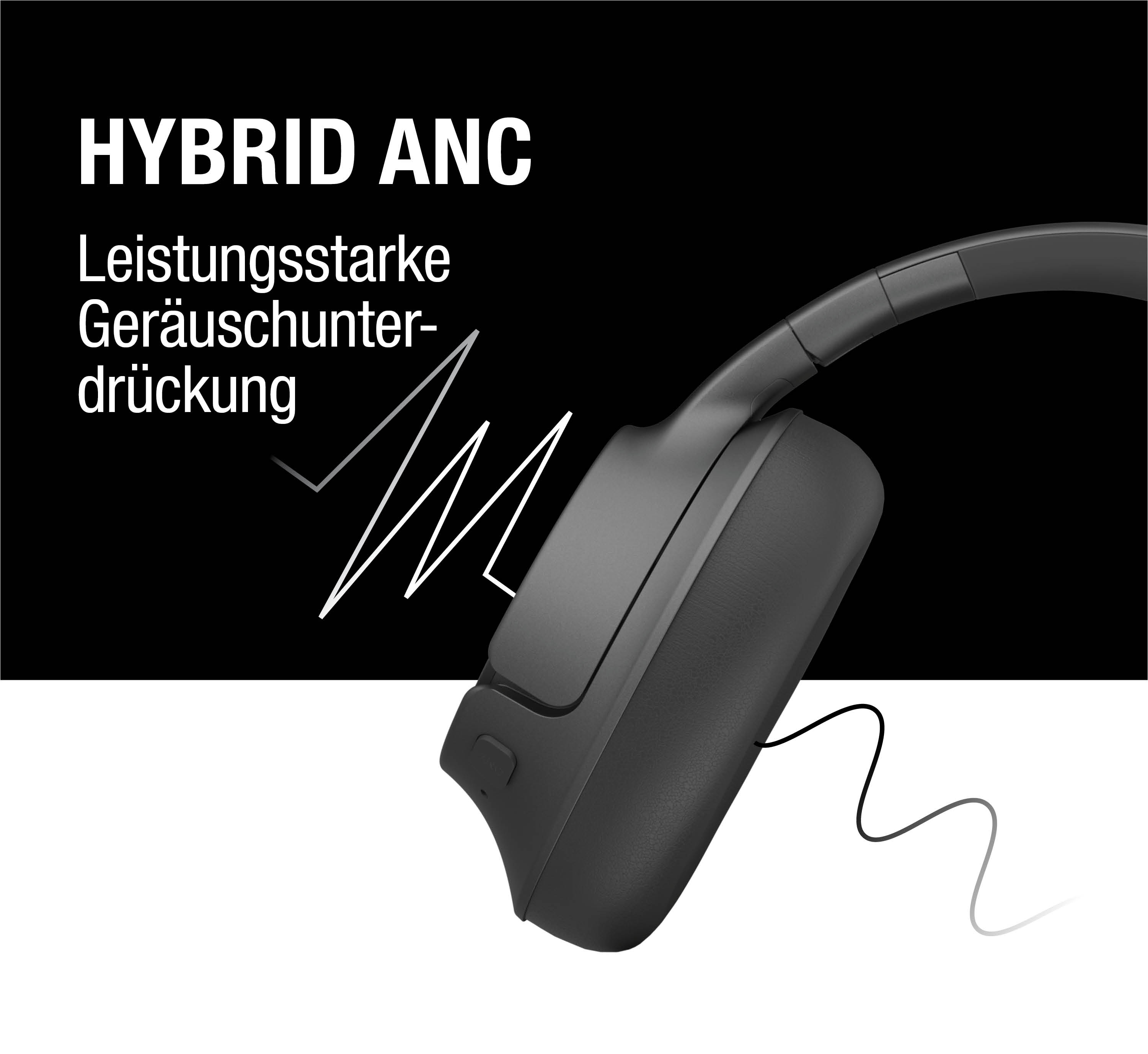 Schwarze Kopfhörer mit Hybrid ANC und Text in deutscher Sprache.