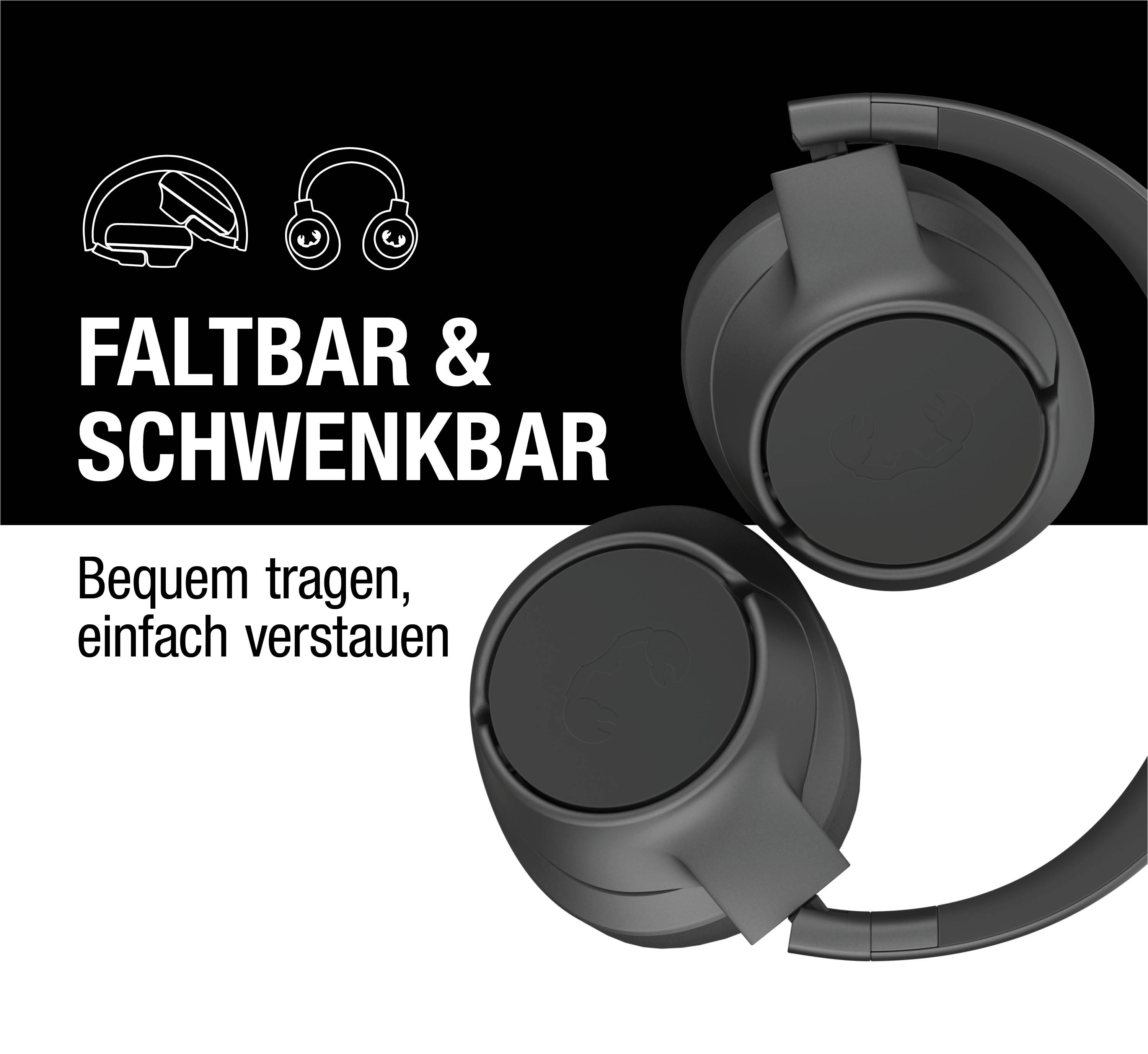 Schwarze Kopfhörer auf der rechten Seite, Text FALTBAR & SCHWENKBAR und Bequem tragen, einfach verstauen links.