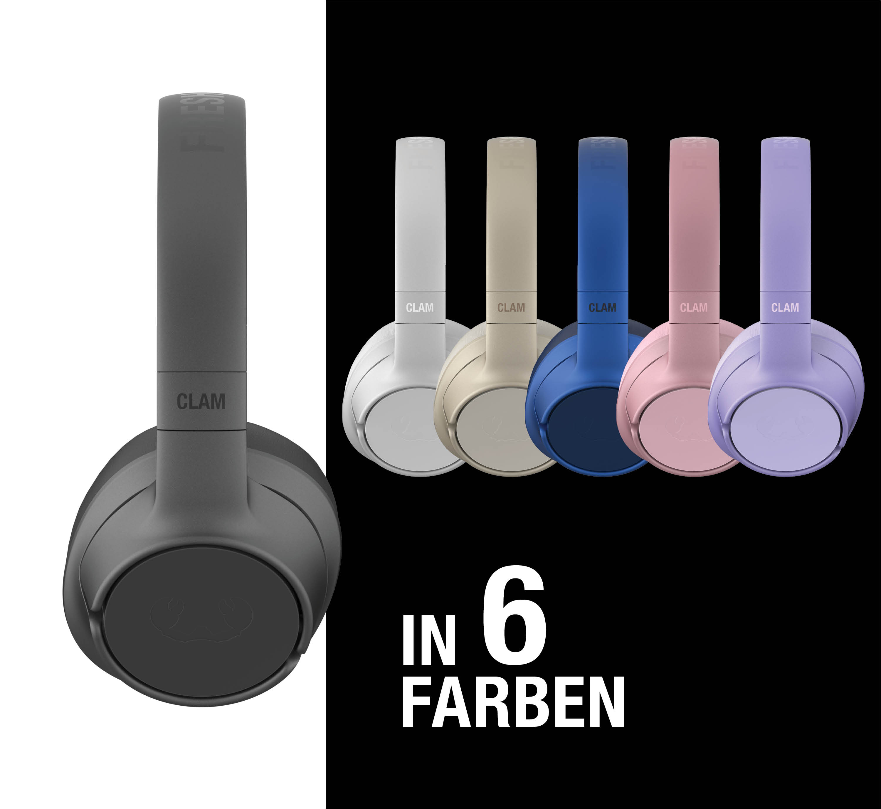 Sechs Clam-Kopfhörer in verschiedenen Farben, links ein graues Modell im Vordergrund, rechts Text IN 6 FARBEN.