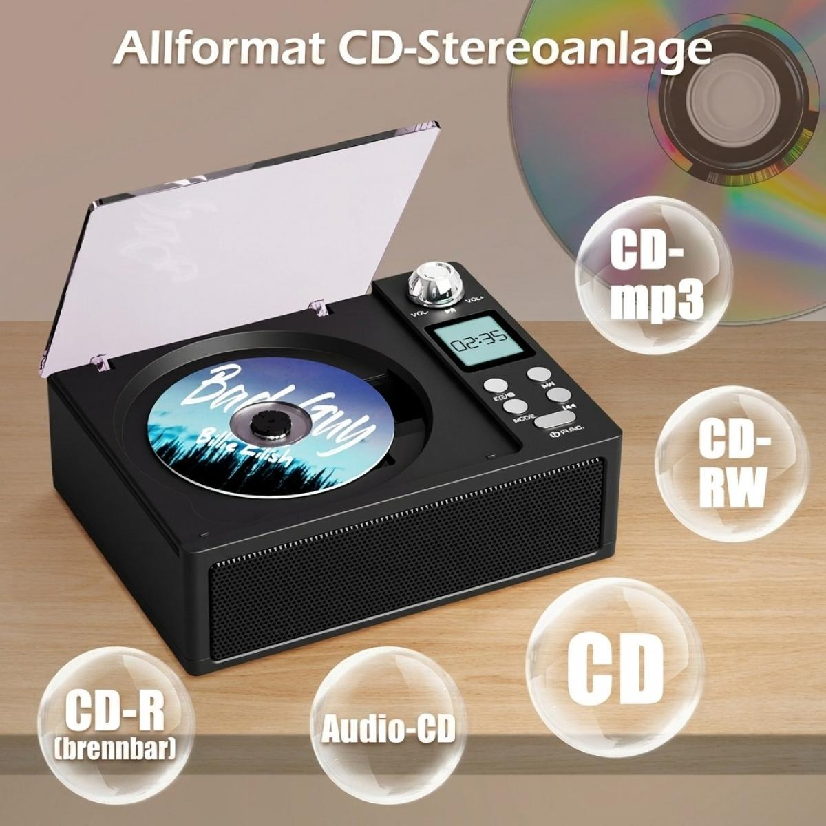 Ein schwarzer CD-Stereo-Player mit offenem transparentem Deckel auf einem Holztisch, umgeben von Audioformat-Blasen.