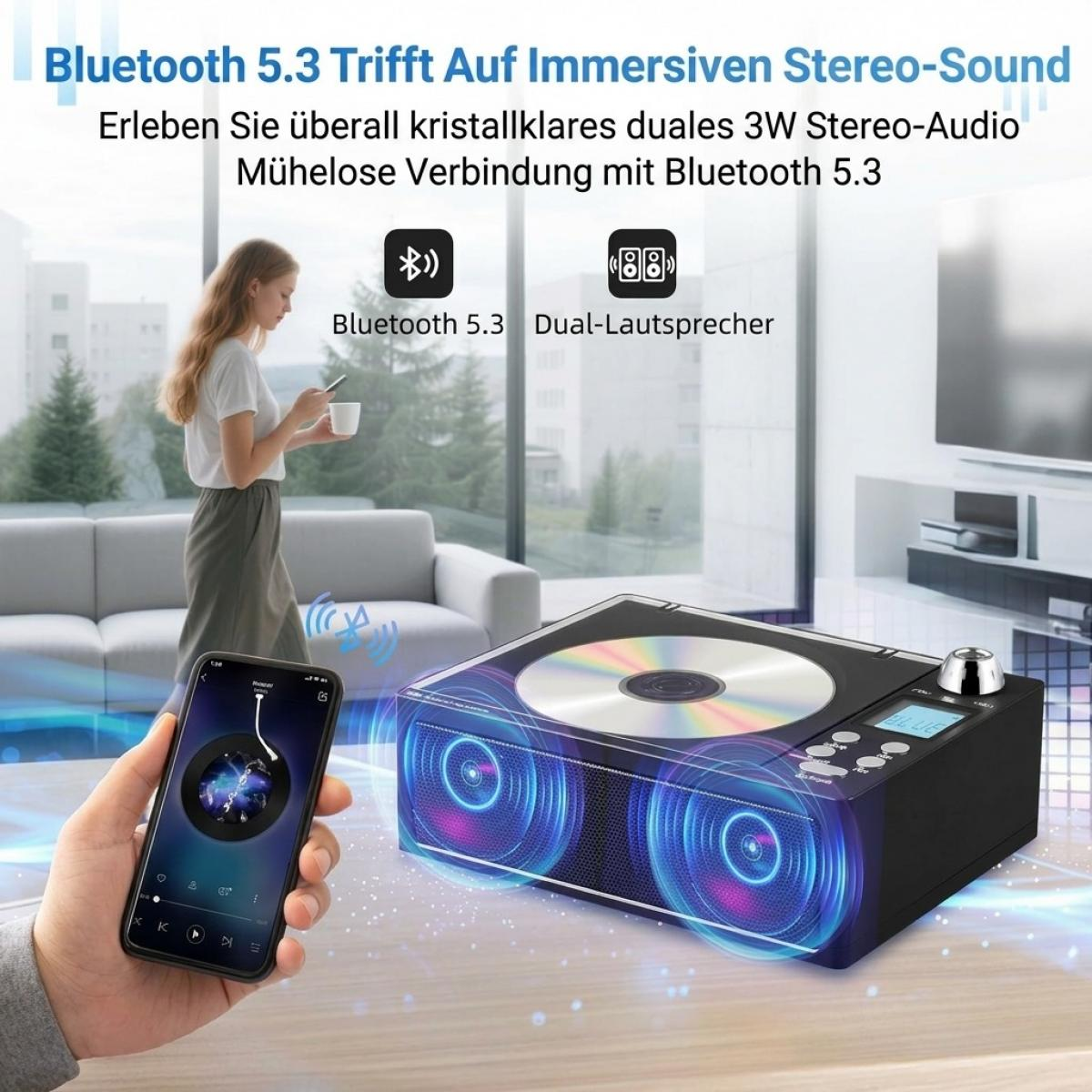 Ein schwarzer CD-Player mit blau leuchtenden Lautsprechern steht auf einem Tisch, im Hintergrund eine Frau mit Handy.