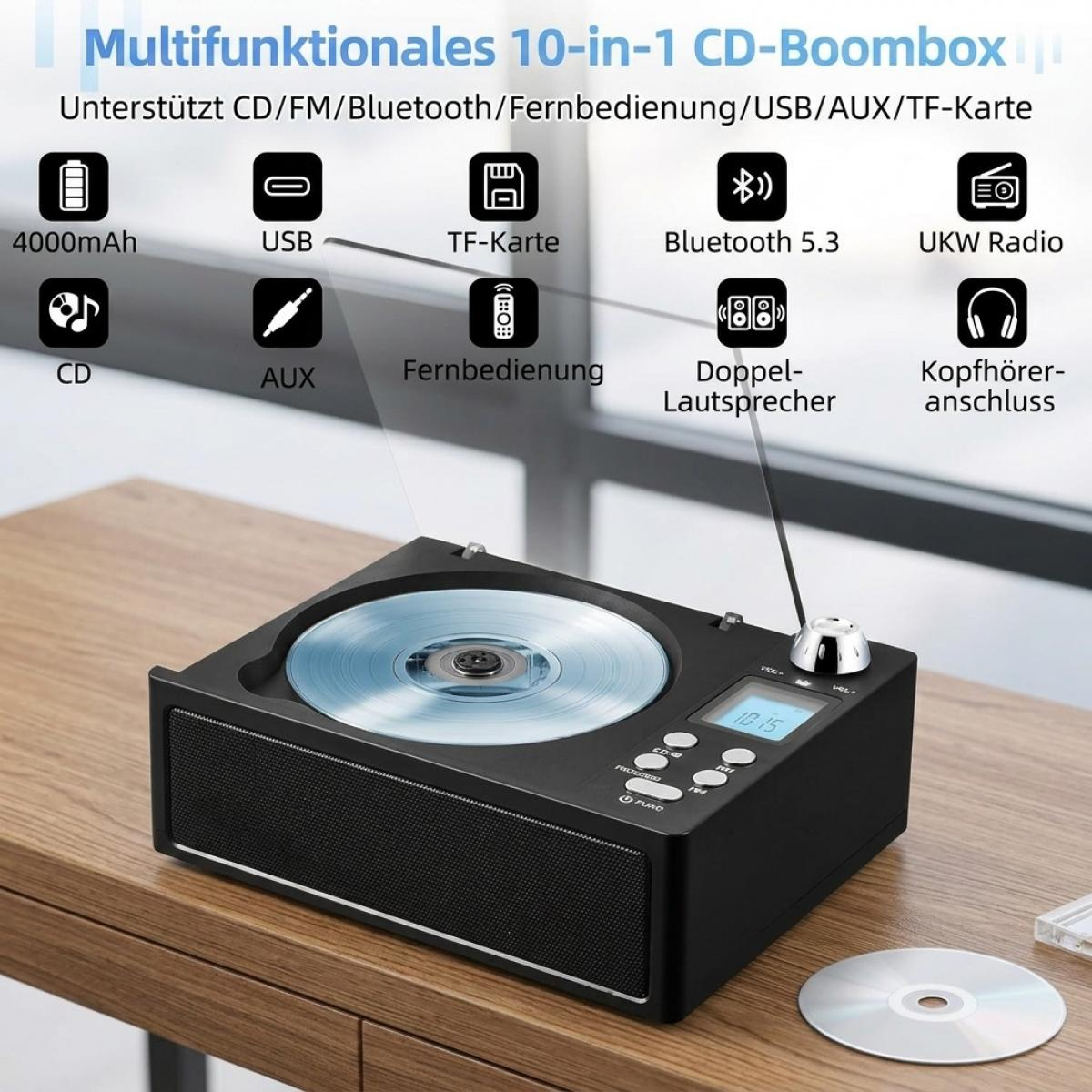 Eine schwarze 10-in-1 CD-Boombox auf einem Holztisch mit Symbolen und Texten.