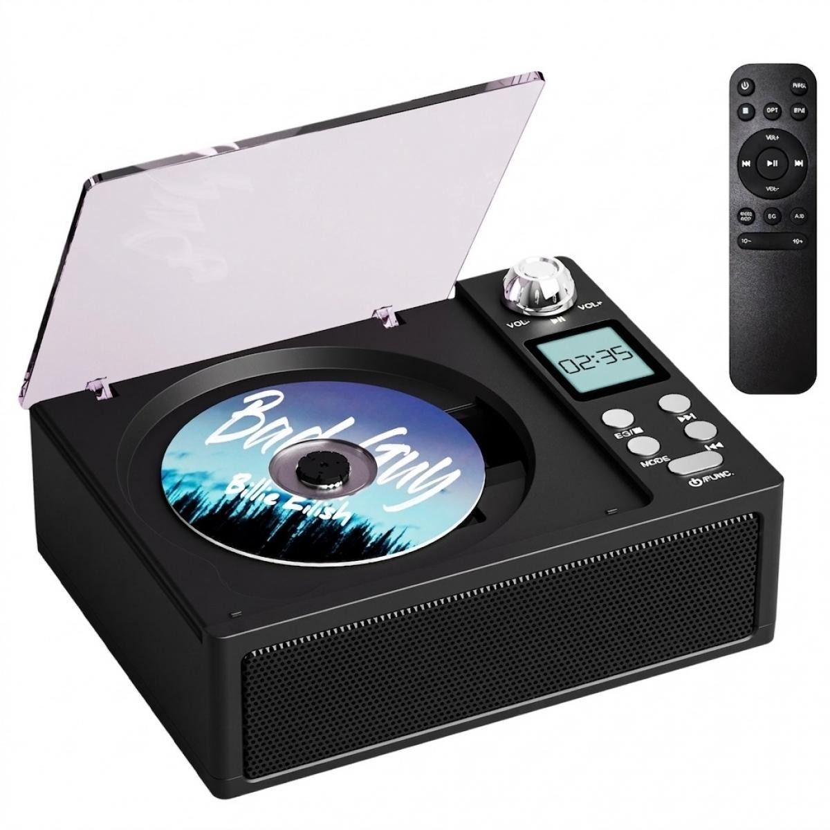 Ein schwarzer CD-Player mit offenem Deckel, der eine Billie-Eilish-CD abspielt, neben einer schwarzen Fernbedienung.
