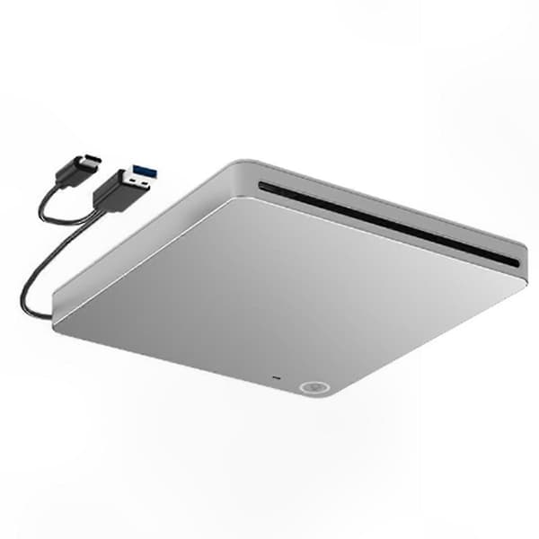Ein silbernes externes optisches Laufwerk mit einem integrierten USB-Kabel auf weißem Hintergrund.