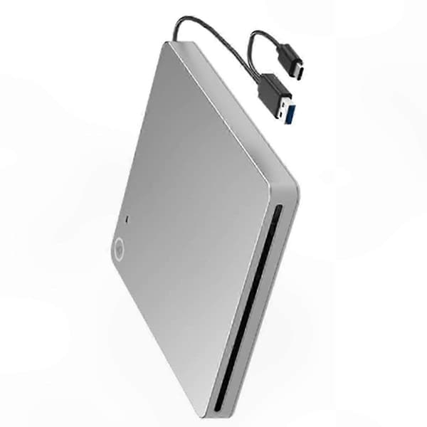 Ein silbernes externes Laufwerk mit schwarzem Kabel und USB-A- sowie USB-C-Anschlüssen vor weißem Hintergrund.