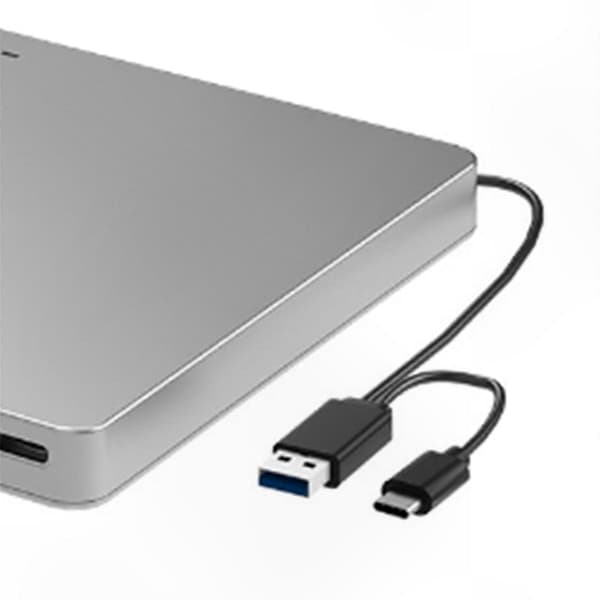 Eine silberne externe Festplatte mit einem schwarzen Kabel, das in USB und Typ-C Anschlüsse übergeht.