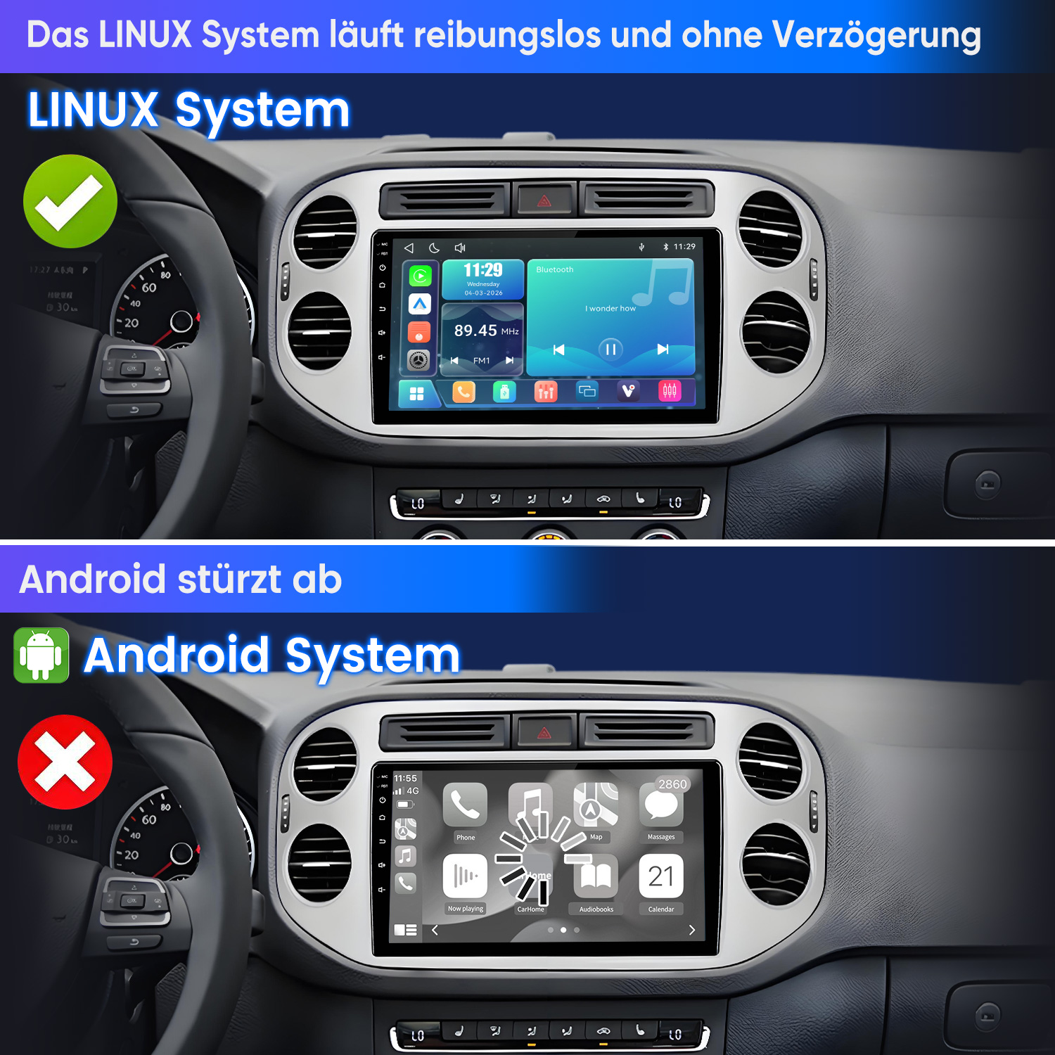 Vergleich zweier Auto-Displays: Linux-System läuft flüssig, Android-System zeigt einen Absturz mit Ladekreis.
