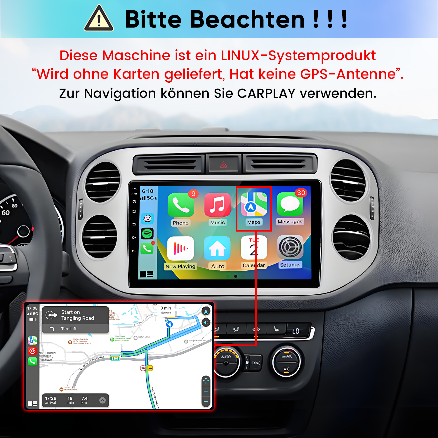 Linux-Autoradio mit CarPlay-Navigation, ohne Karten und GPS-Antenne.