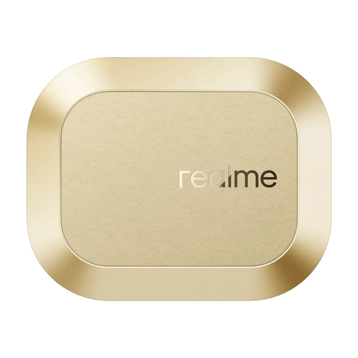 Goldfarbenes, abgerundetes rechteckiges Realme-Gehäuse mit gebürsteter Oberfläche.