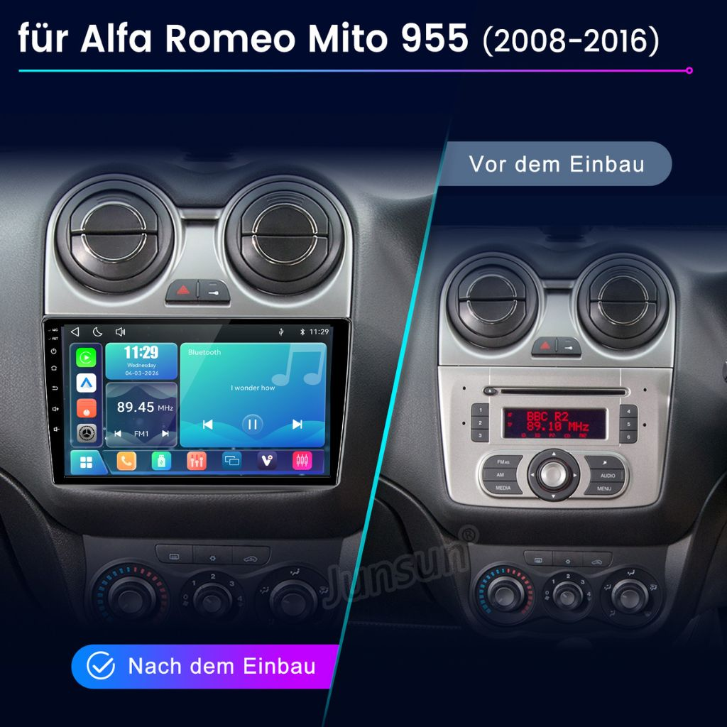 Vergleich eines Alfa Romeo Mito 955 Armaturenbretts vor und nach dem Einbau eines modernen Touchscreen-Radios.