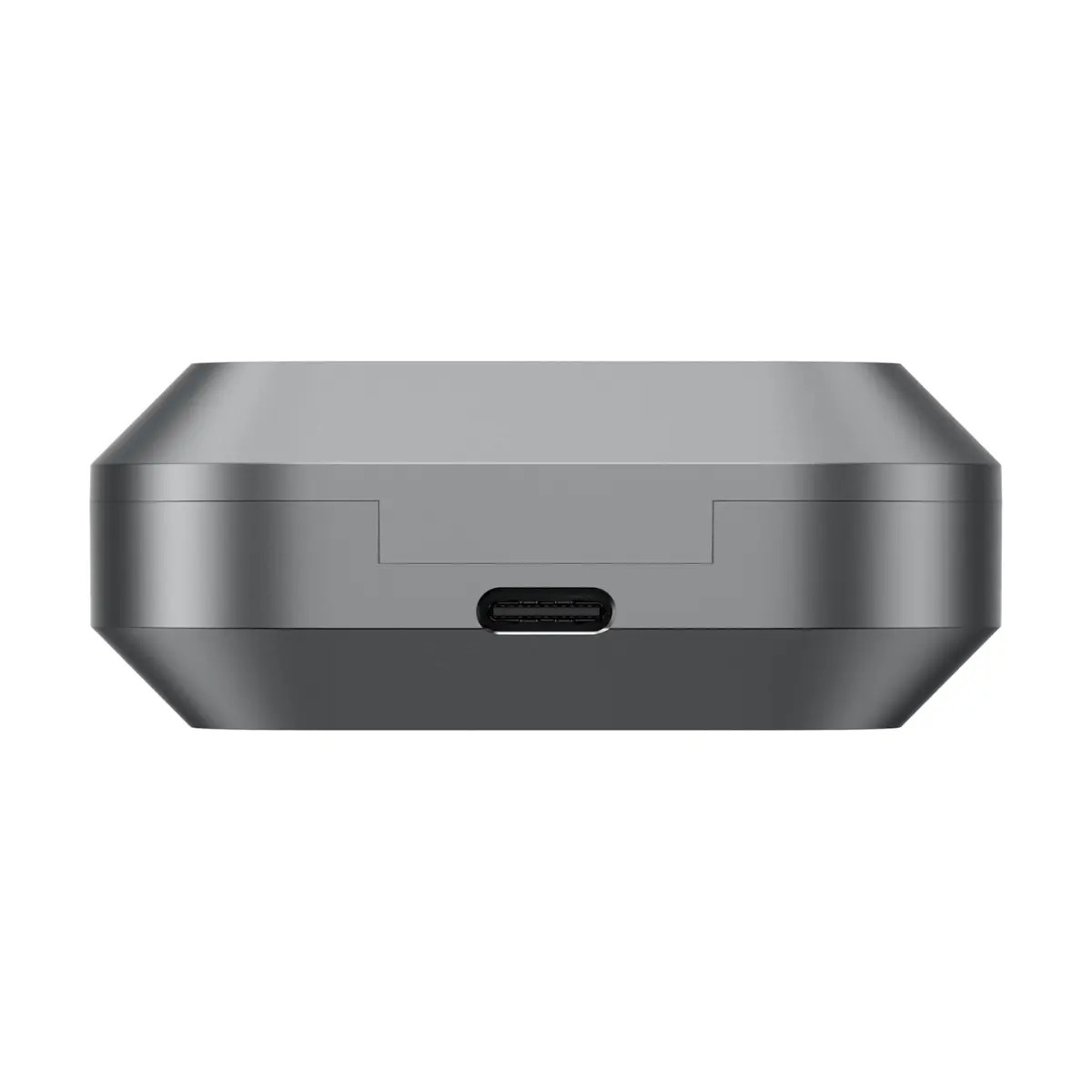 Graues, modernes Ladecase mit USB-C-Anschluss auf der Rückseite vor weißem Hintergrund.