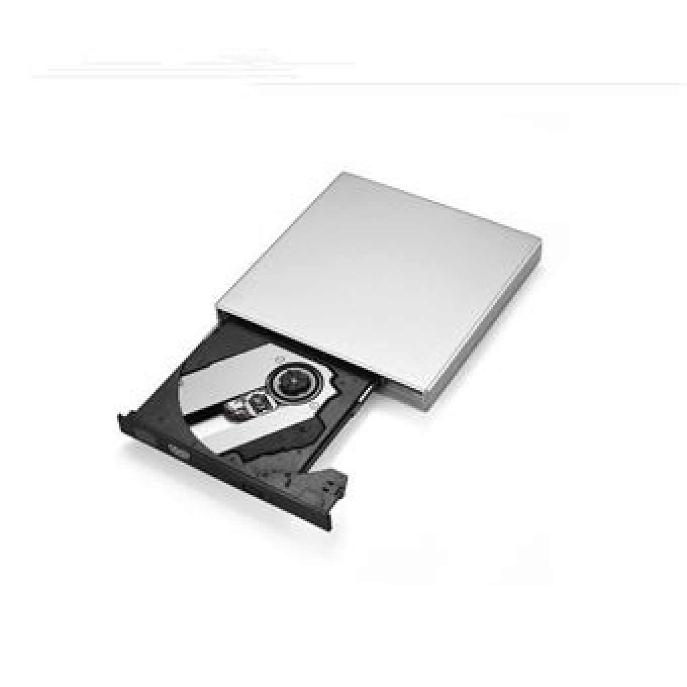 Ein tragbares silbernes externes DVD-Laufwerk mit geöffneter Laserschublade auf weißem Hintergrund.