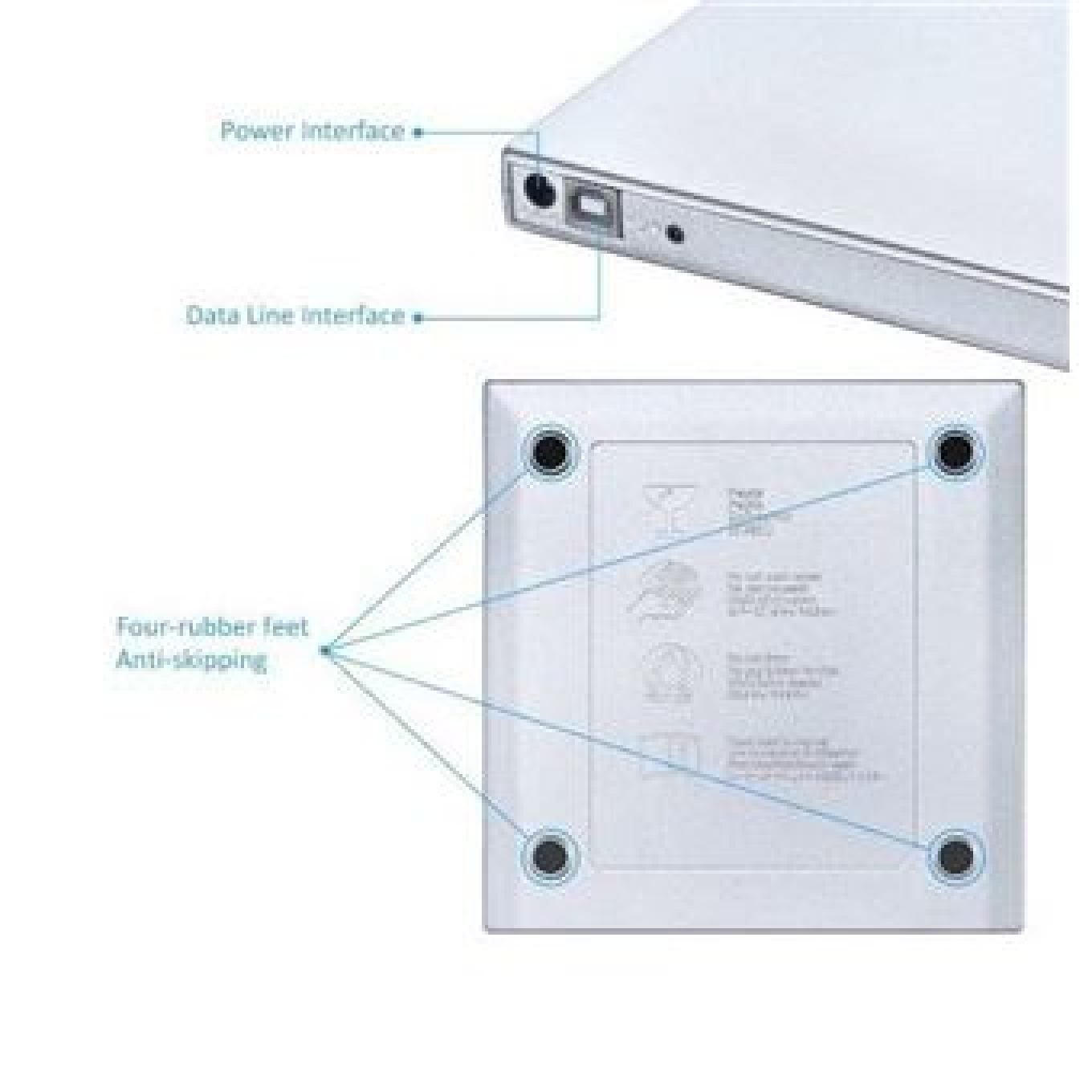 Diagramm zeigt ein Gerät mit Strom- und Datenschnittstelle oben sowie vier antirutsch Gummifüßen unten.