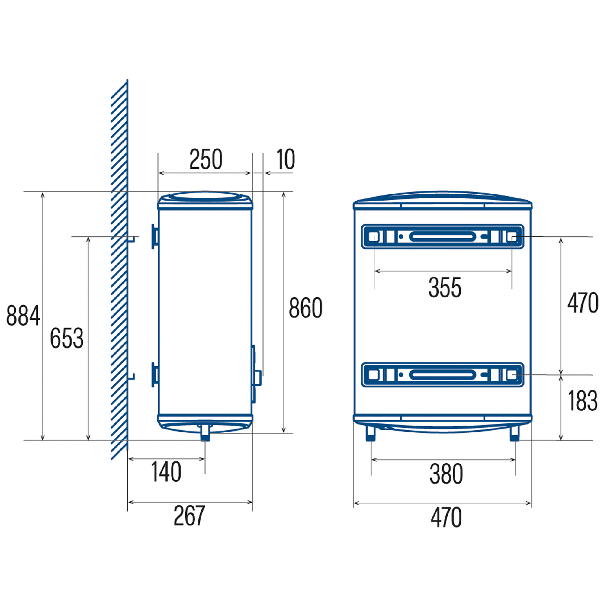 Dibujo técnico de un calentador de agua cilíndrico con dimensiones en milímetros.