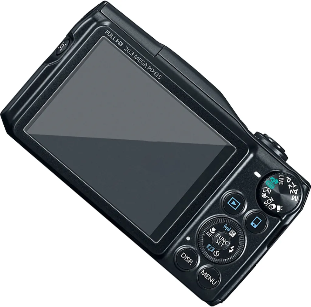 Eine schwarze Digitalkamera von hinten, mit Bildschirm, Steuertasten und Moduswahlrad auf weißem Hintergrund.