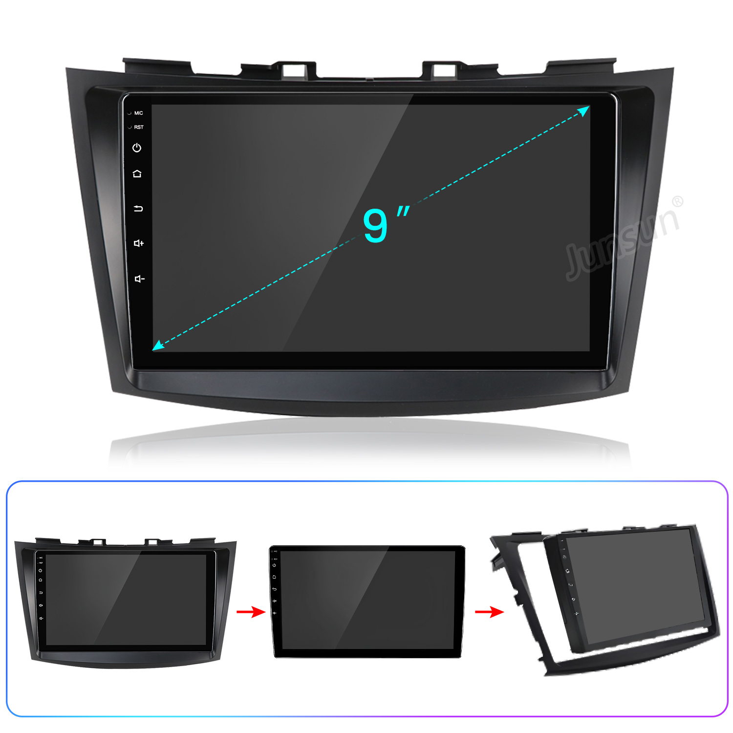 Ein 9-Zoll-Auto-Multimediasystem mit Touchscreen und Einbaurahmen sowie drei Ansichten unten.