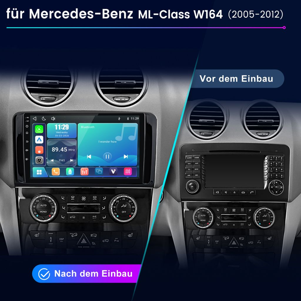 Vergleich eines Mercedes ML-Klasse Armaturenbretts vor und nach dem Einbau eines Touchscreen-Displays.