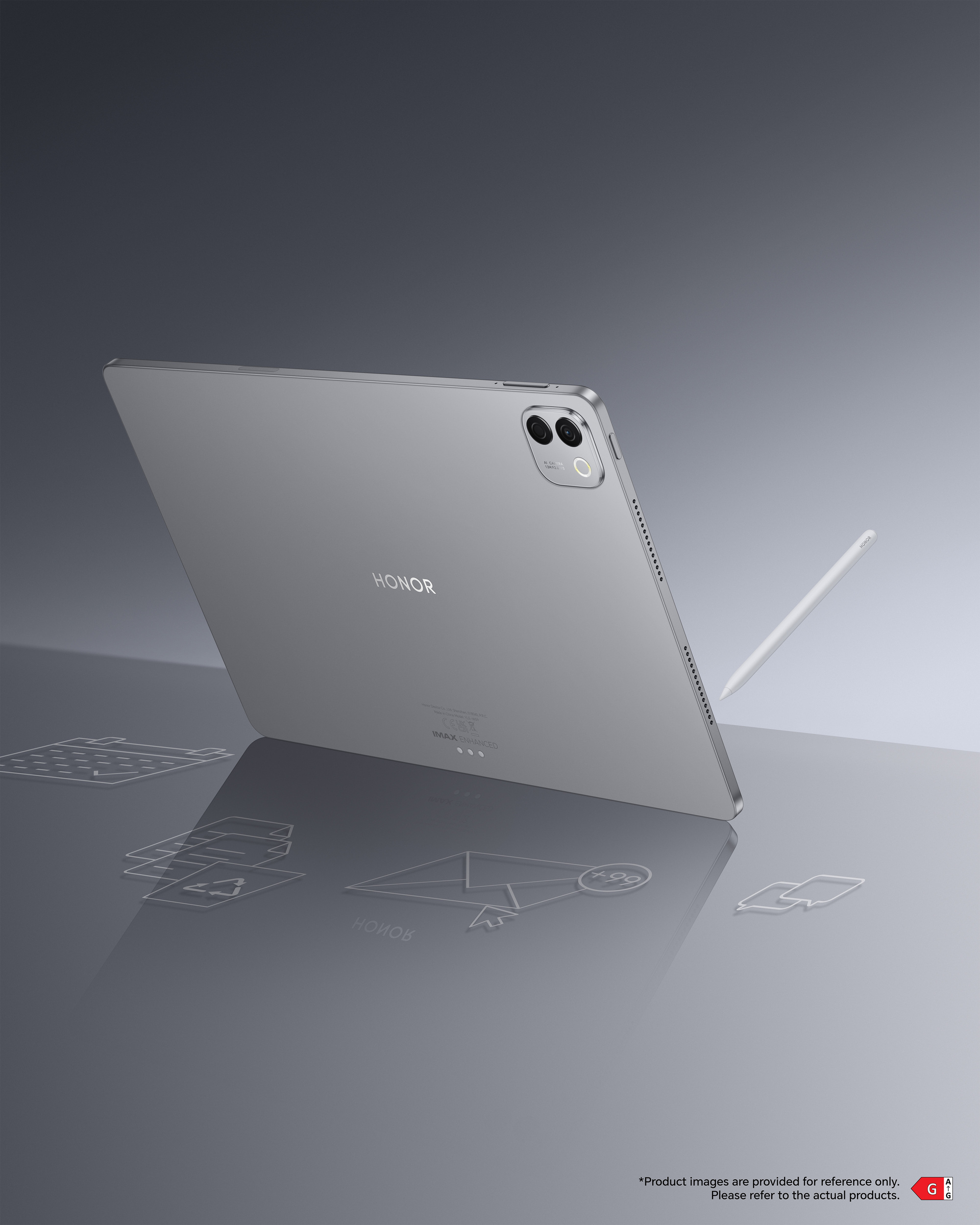 Tablet Honor gris con cámara y lápiz en una mesa gris con iconos digitales.