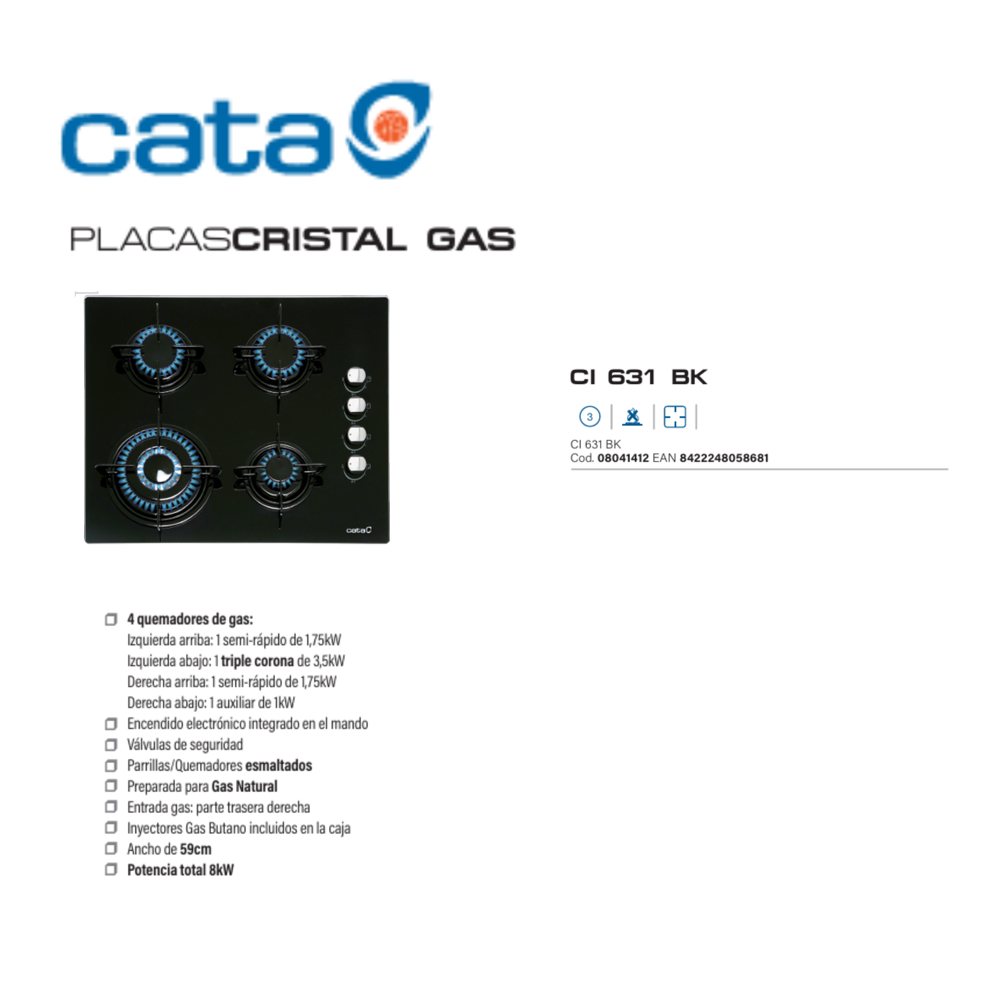 Ficha del quemador de gas de cristal negro Cata CI 631 BK con cuatro quemadores, mandos y especificaciones.
