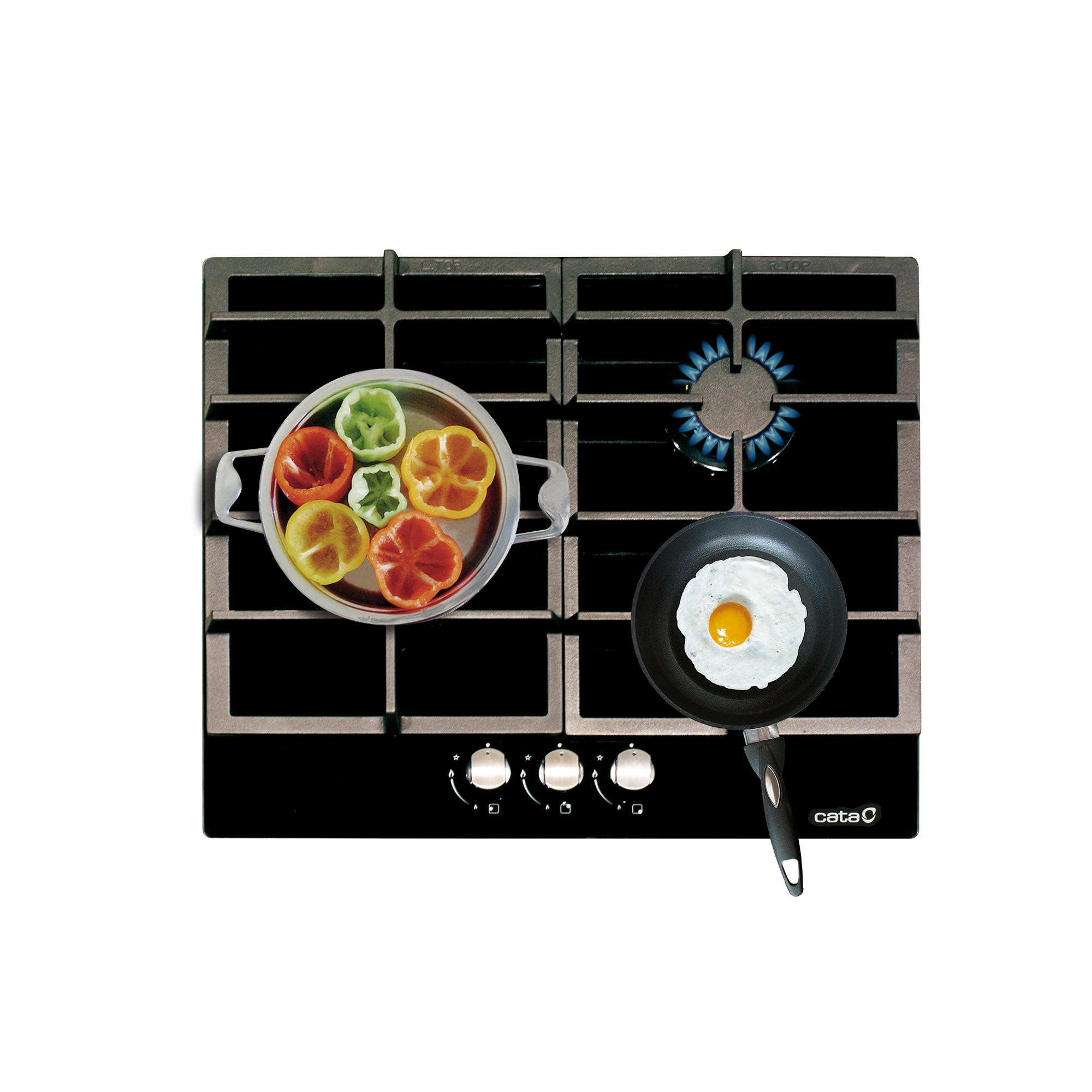 Una encimera de gas negra con cuatro quemadores. Una olla con pimientos de colores y una sartén con un huevo frito.