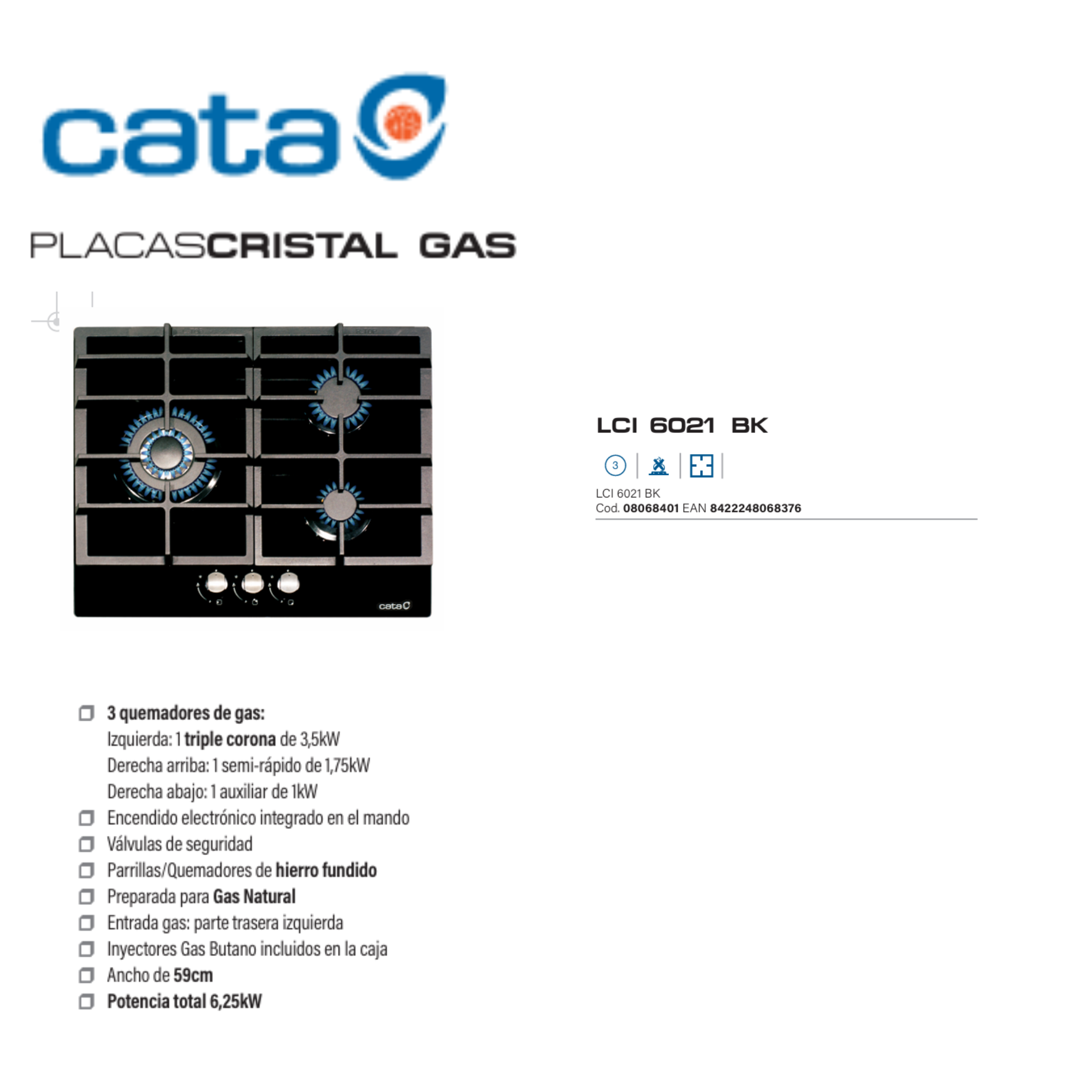Página de catálogo de placa de gas de cristal Cata LCI 6021 BK con tres quemadores encendidos.