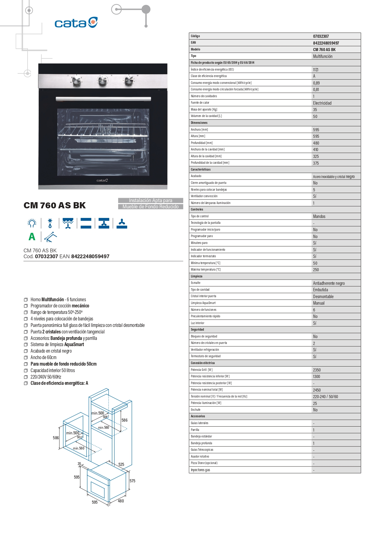 Ficha técnica y esquemas del horno multifunción negro CM 760 AS BK con dimensiones.