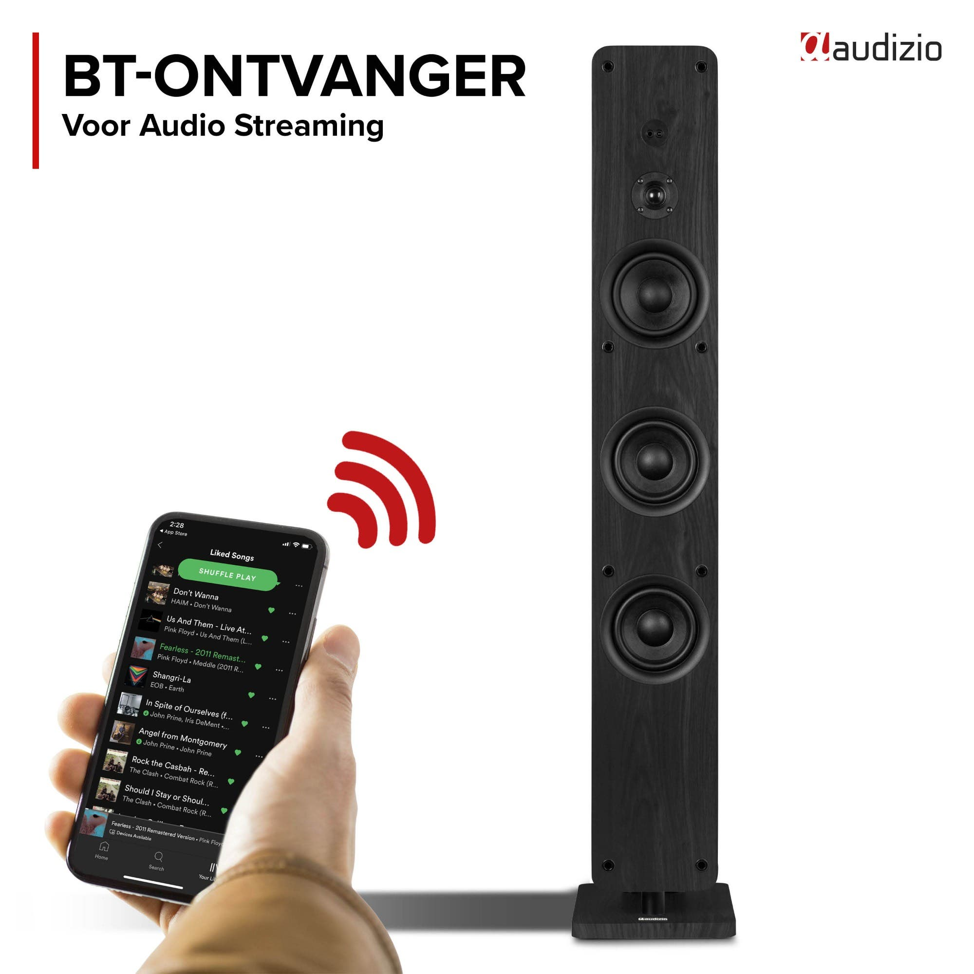 Un teléfono transmite música de forma inalámbrica a un altavoz de suelo Audizio negro.