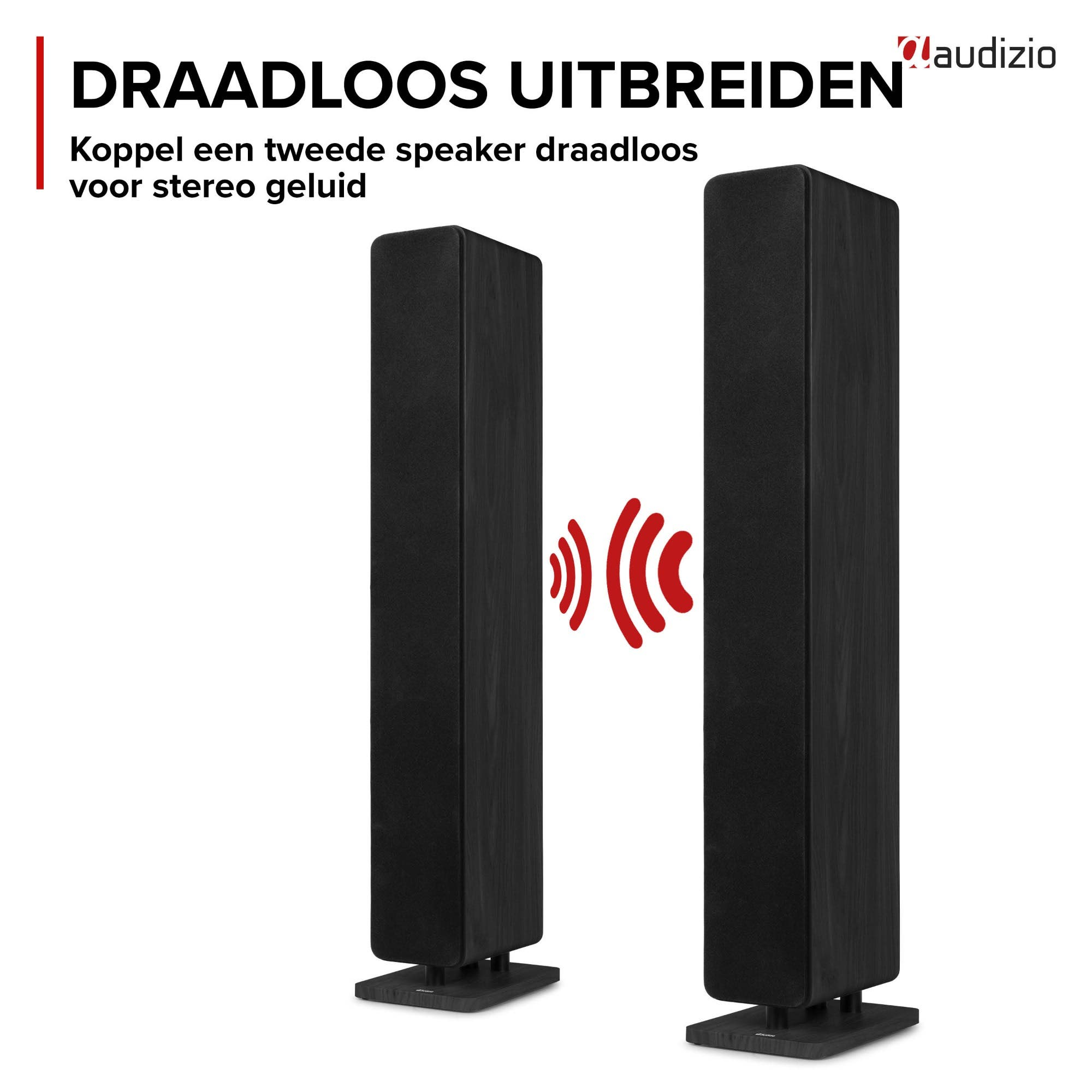 Dos altavoces de suelo negros conectados de forma inalámbrica para sonido estéreo.
