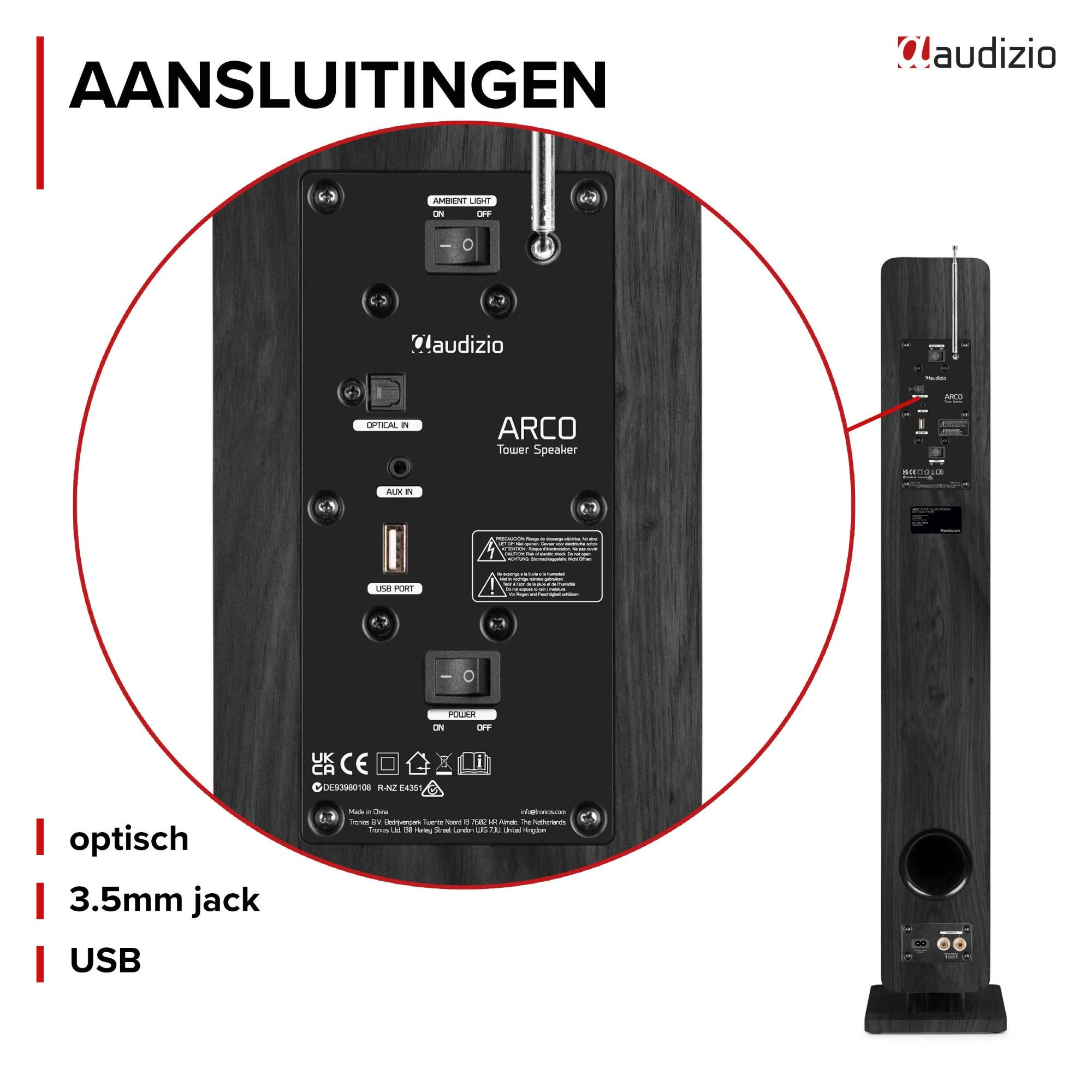 Panel trasero del altavoz de torre Audizio ARCO con puertos óptico, AUX y USB, además de interruptor de encendido.
