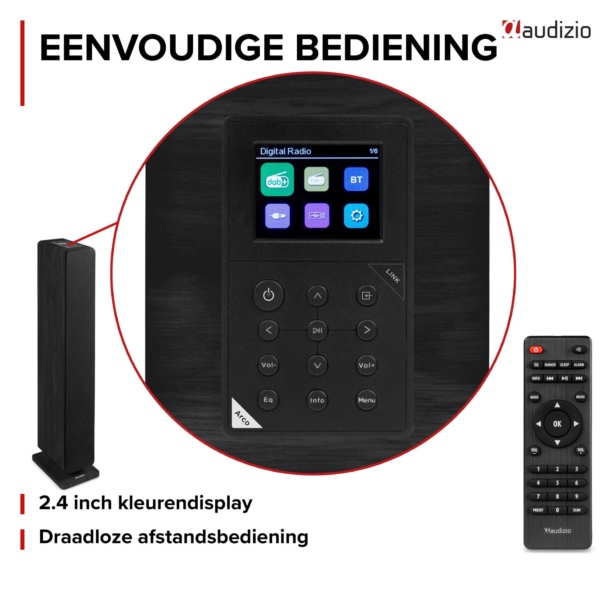 Radio Audizio con pantalla a color de 2.4 pulgadas, teclado de control y control remoto.