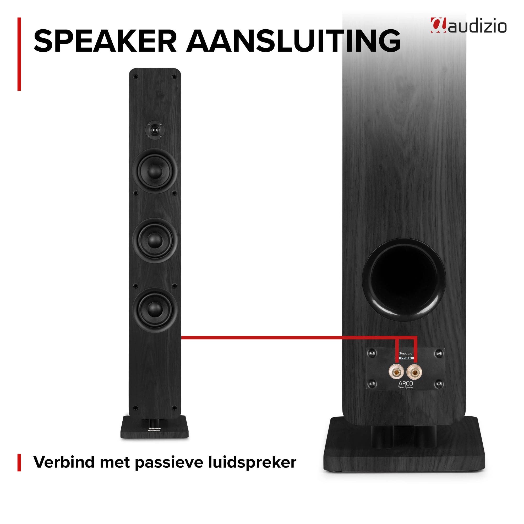 Altavoz de torre negro Audizio con puertos de conexión y texto.