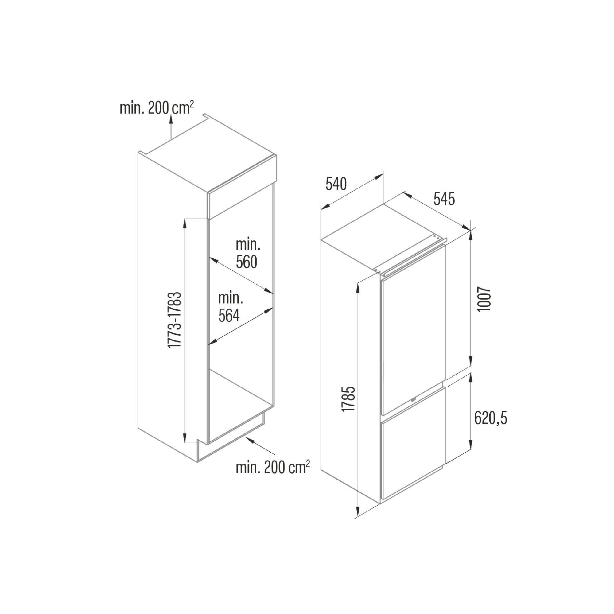Dibujo técnico con dimensiones para electrodomésticos empotrables.