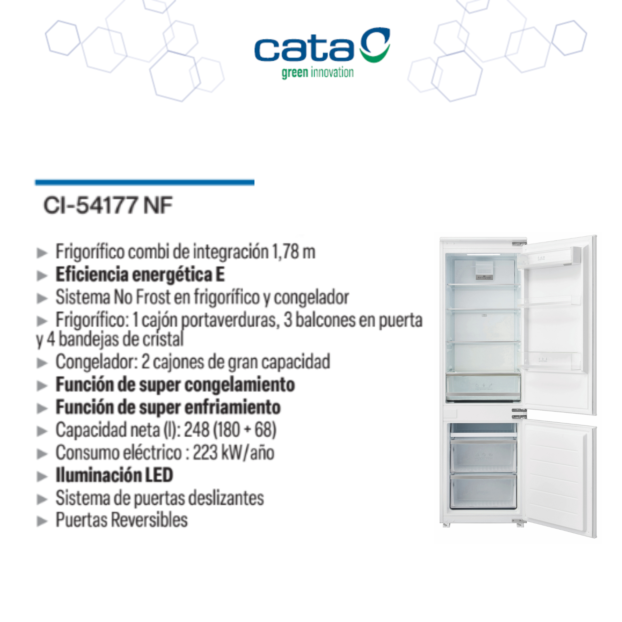Especificaciones técnicas y frigorífico combi blanco Cata abierto con No Frost.