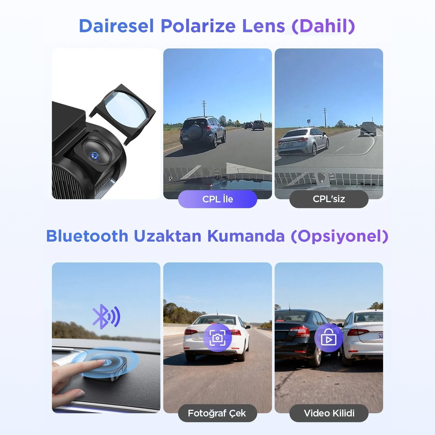Kamera samochodowa z filtrem polaryzacyjnym CPL i pilotem Bluetooth.