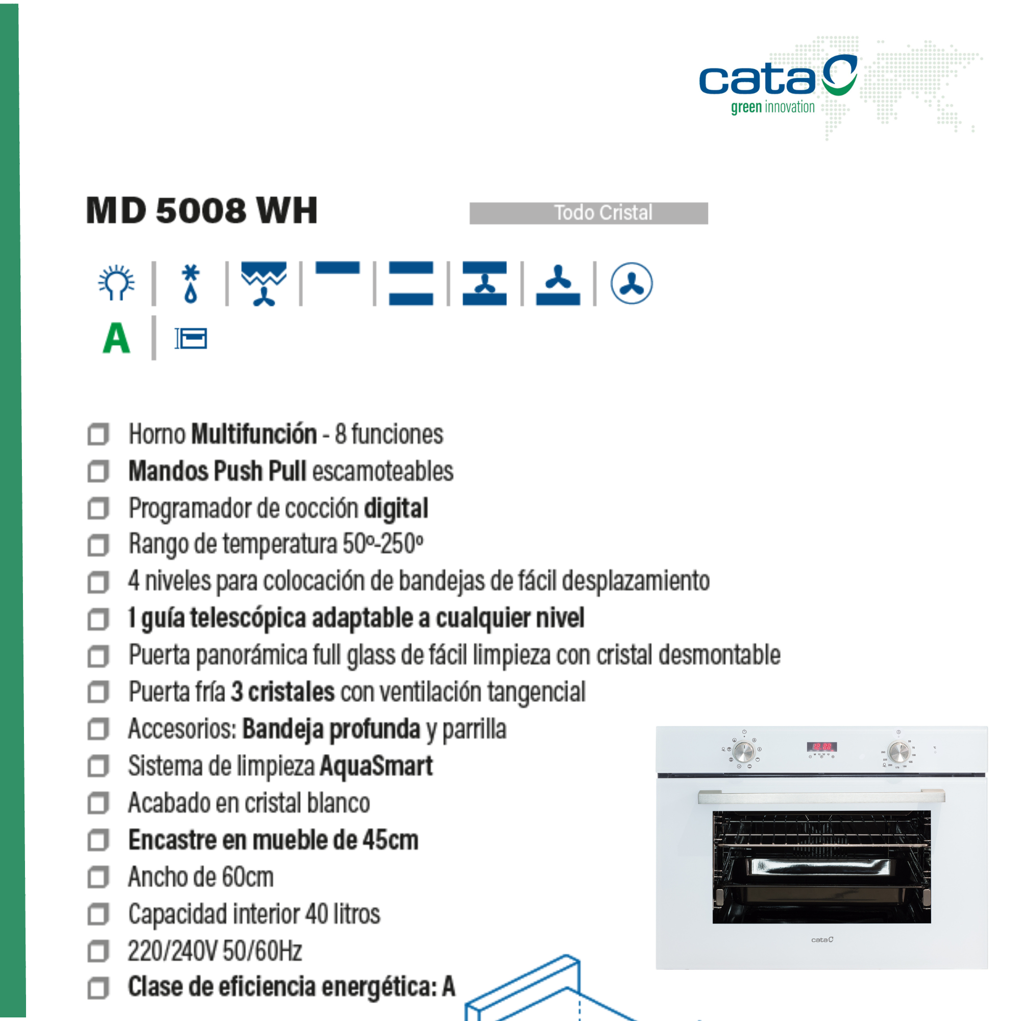 Scheda prodotto del forno Cata MD 5008 WH con specifiche tecniche e immagine.