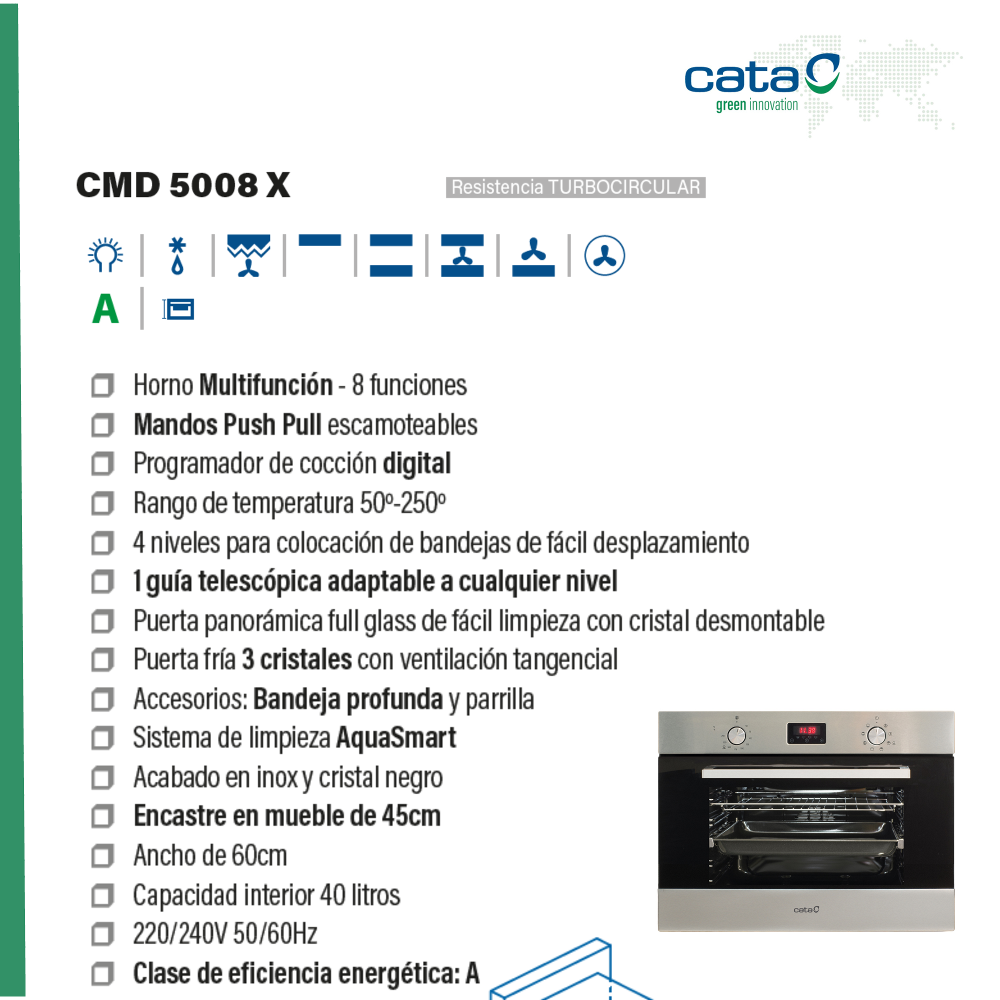 Especificaciones técnicas e imagen del horno Cata CMD 5008 X sobre fondo blanco.