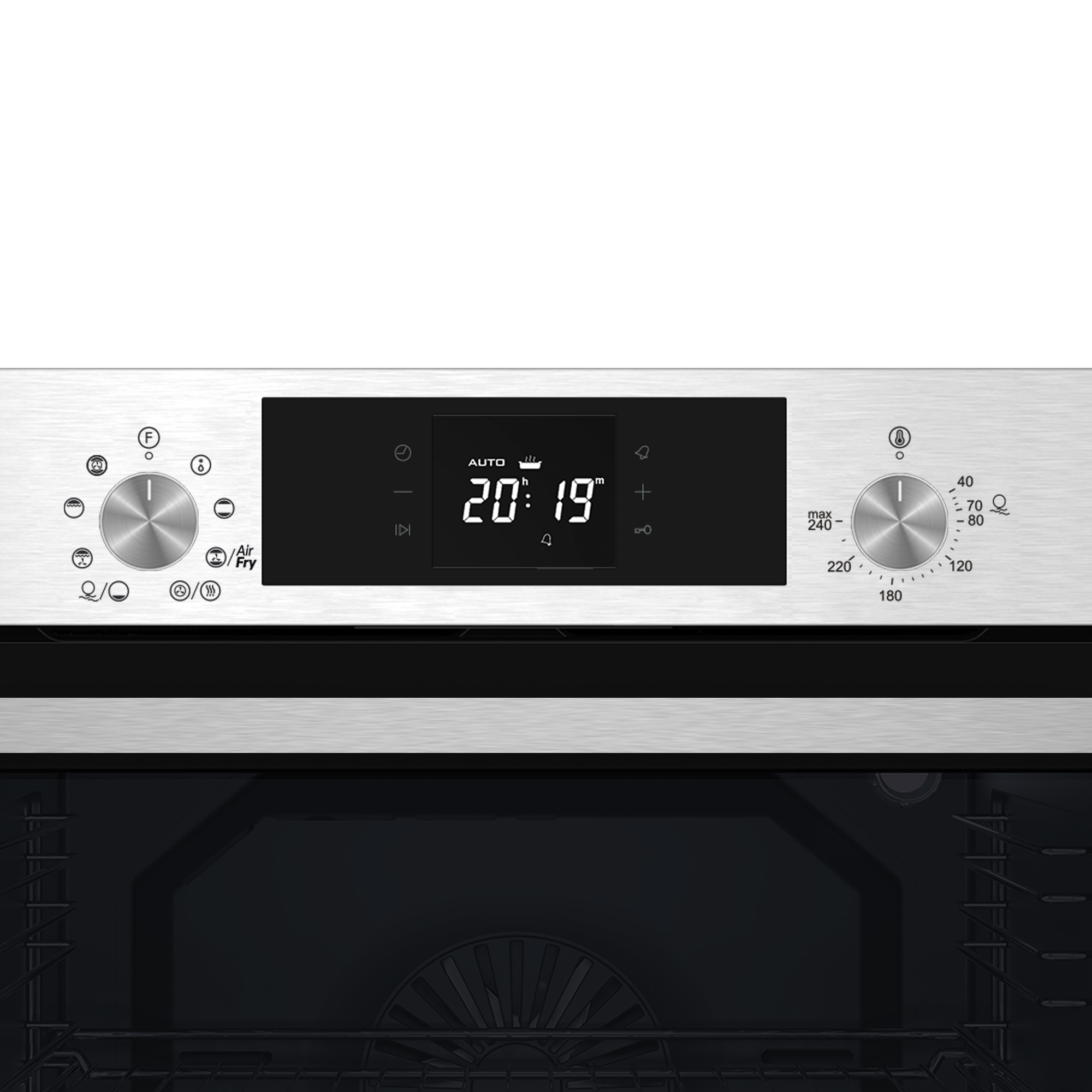 Panel de control de horno de acero inoxidable con pantalla digital que muestra 20:19, dos perillas plateadas e iconos.