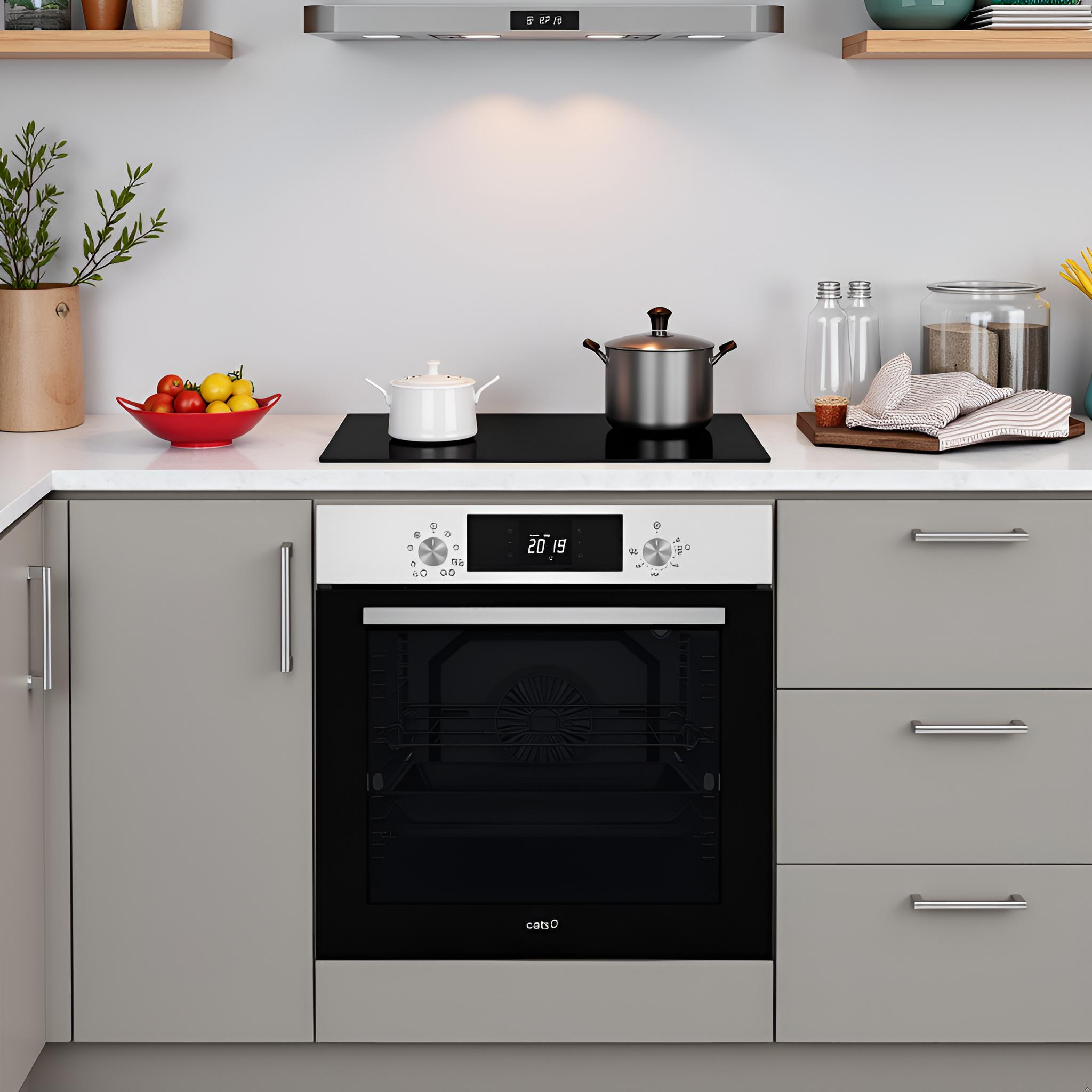 Cocina moderna con horno empotrado, placa, armario gris, frutero y utensilios en la encimera.