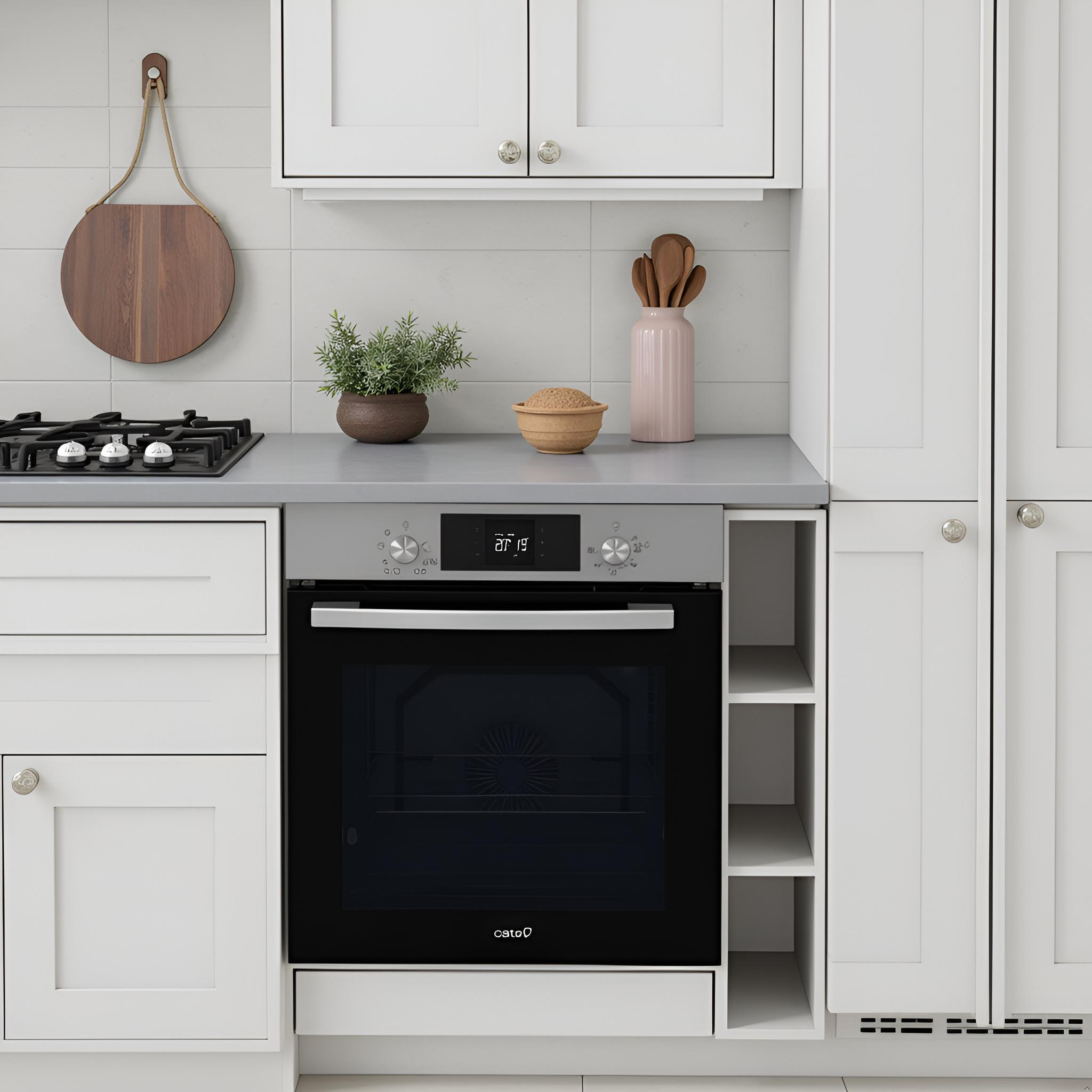 Moderna cocina blanca con horno empotrado, encimera gris, tabla de cortar colgante y planta.