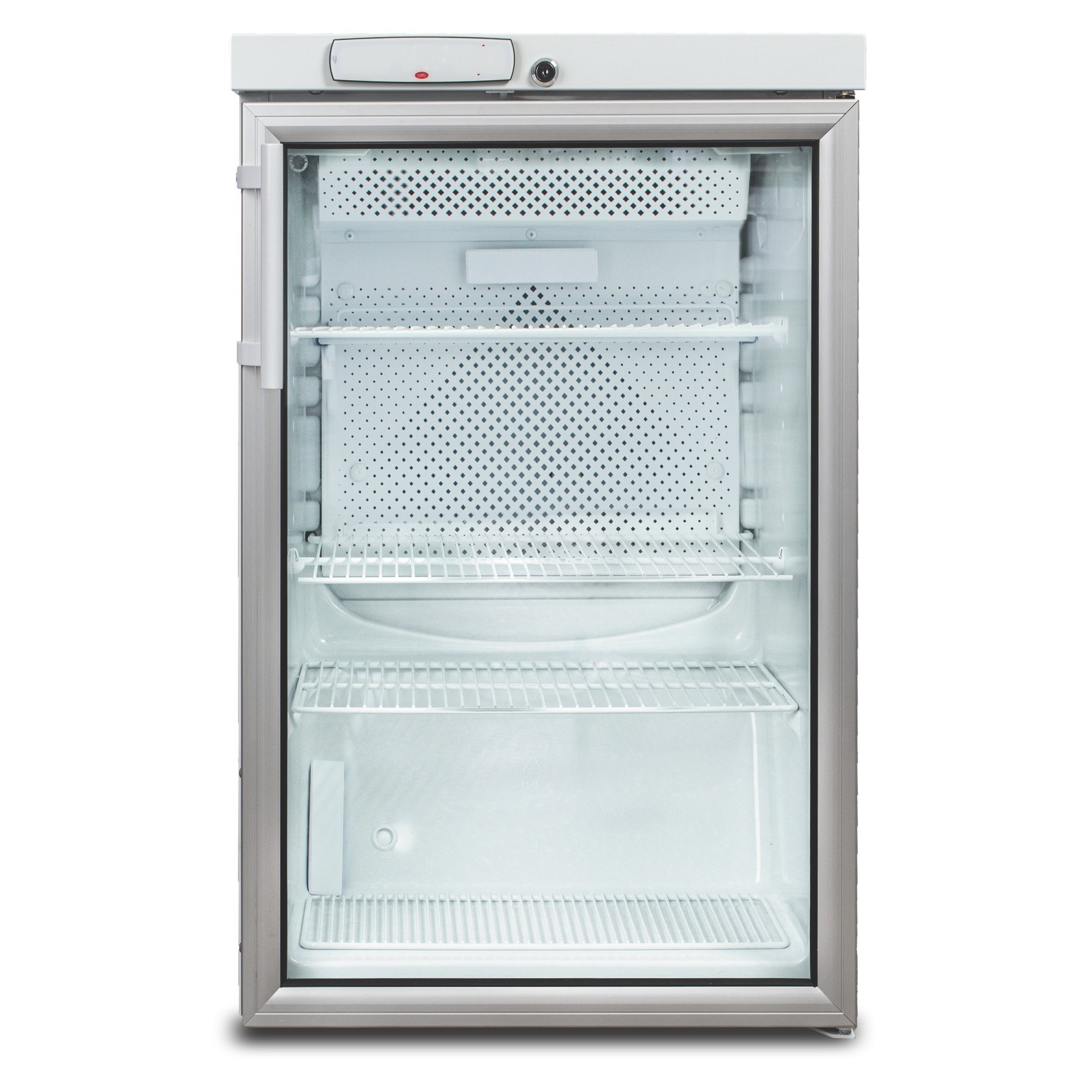 Un piccolo frigorifero bianco sottopiano con porta in vetro e ripiani in filo metallico.