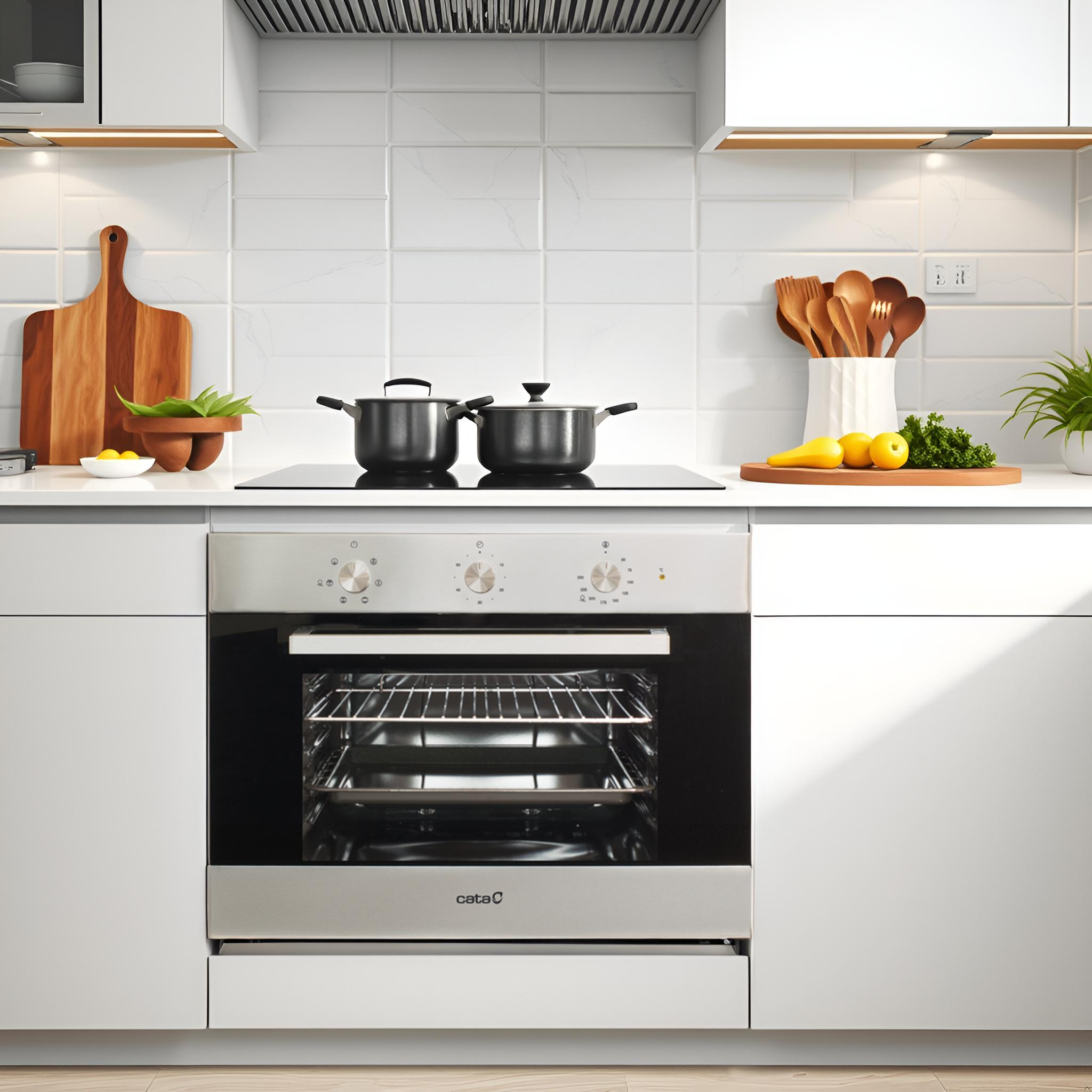 Una cocina moderna con horno empotrado, dos ollas oscuras en la placa y utensilios de madera en un soporte blanco.